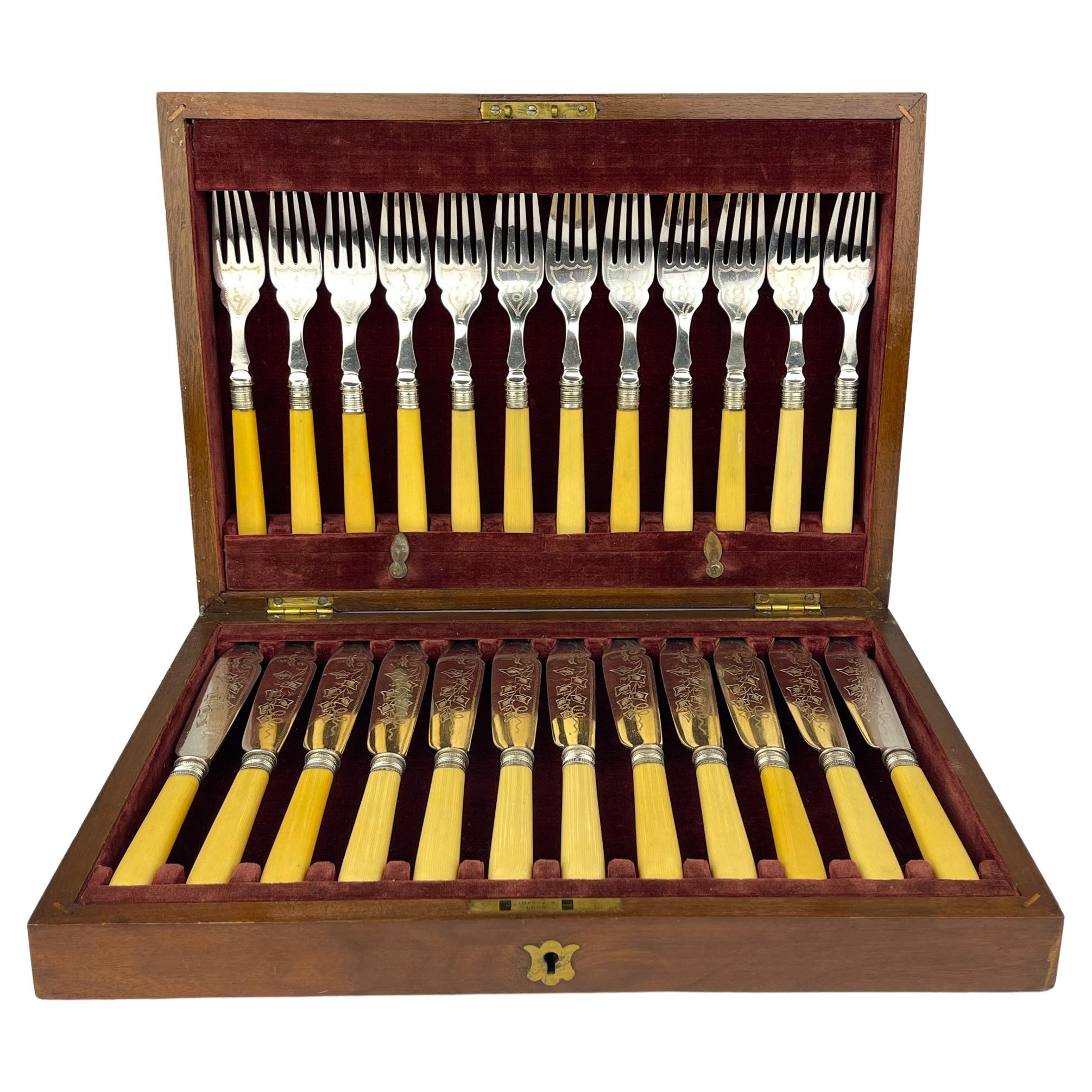 Silver Plated Set Fish Knifes & Forks for 12 people, Sheffield England, 1910s