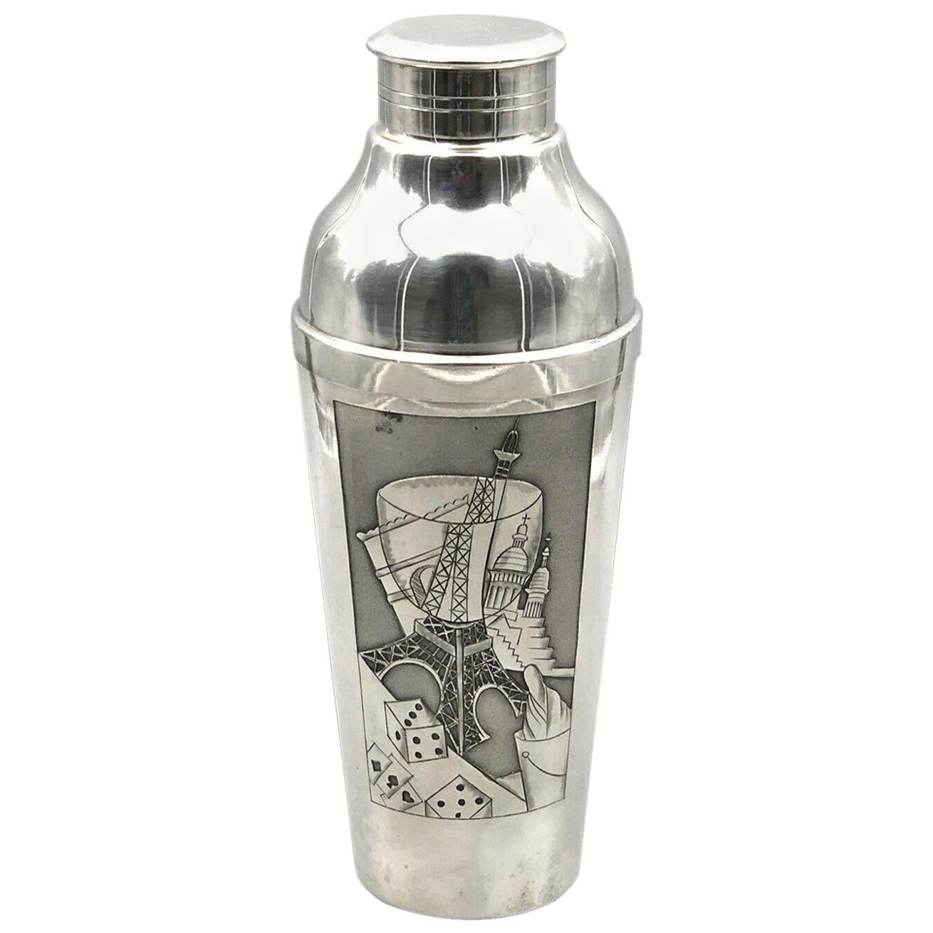 Silver Plated Shaker with Decor of Poker and Paris Monuments, circa 1925 For Sale