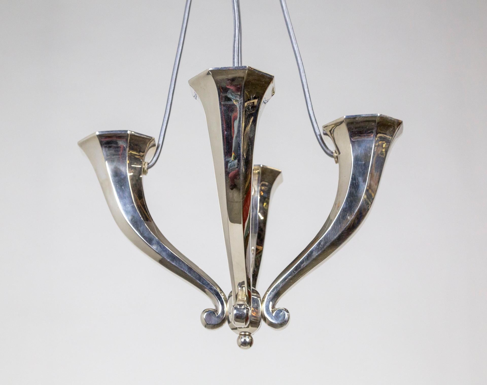 Silver Plated Solid Bronze 4-Light Horn Chandelier For Sale 3