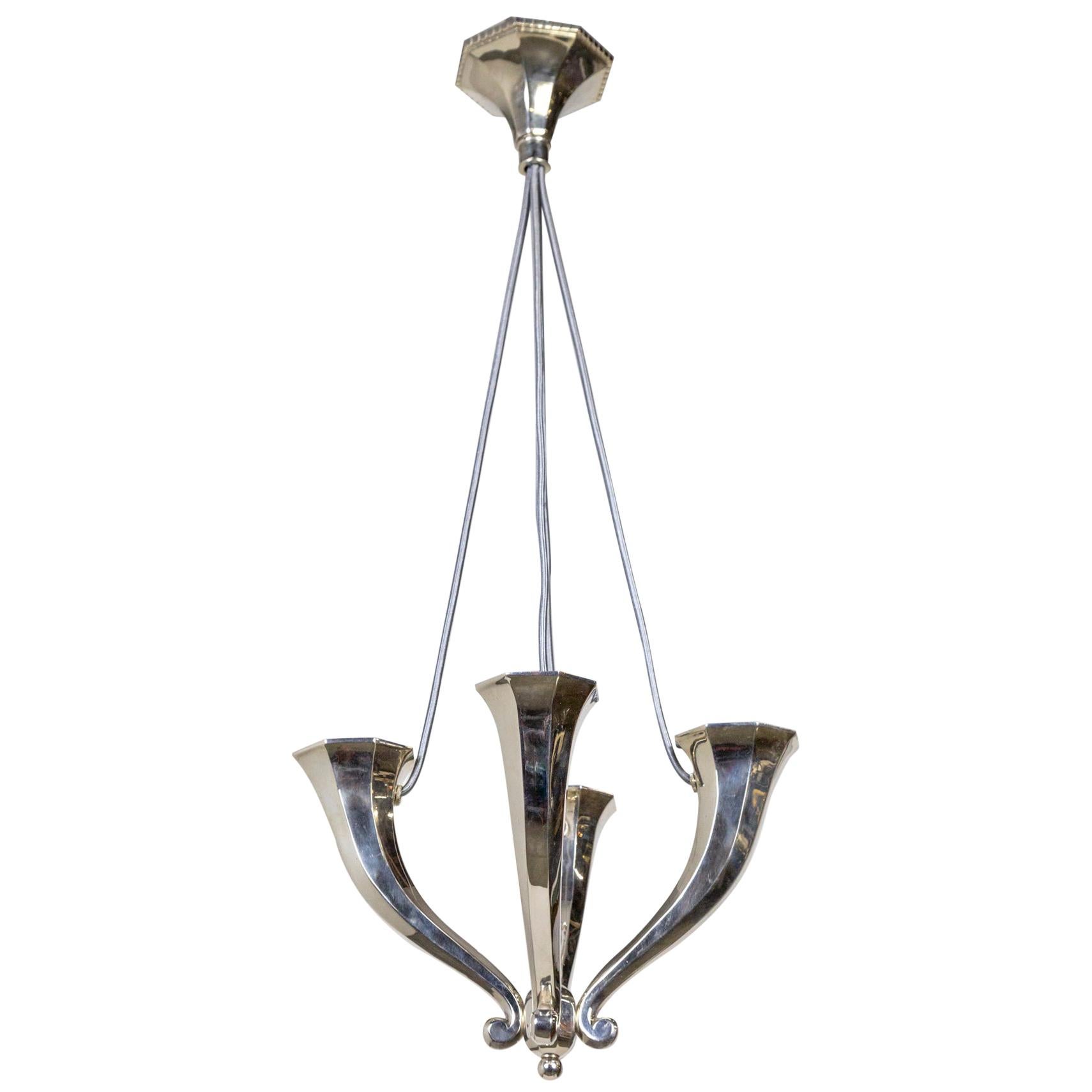 Silver Plated Solid Bronze 4-Light Horn Chandelier For Sale