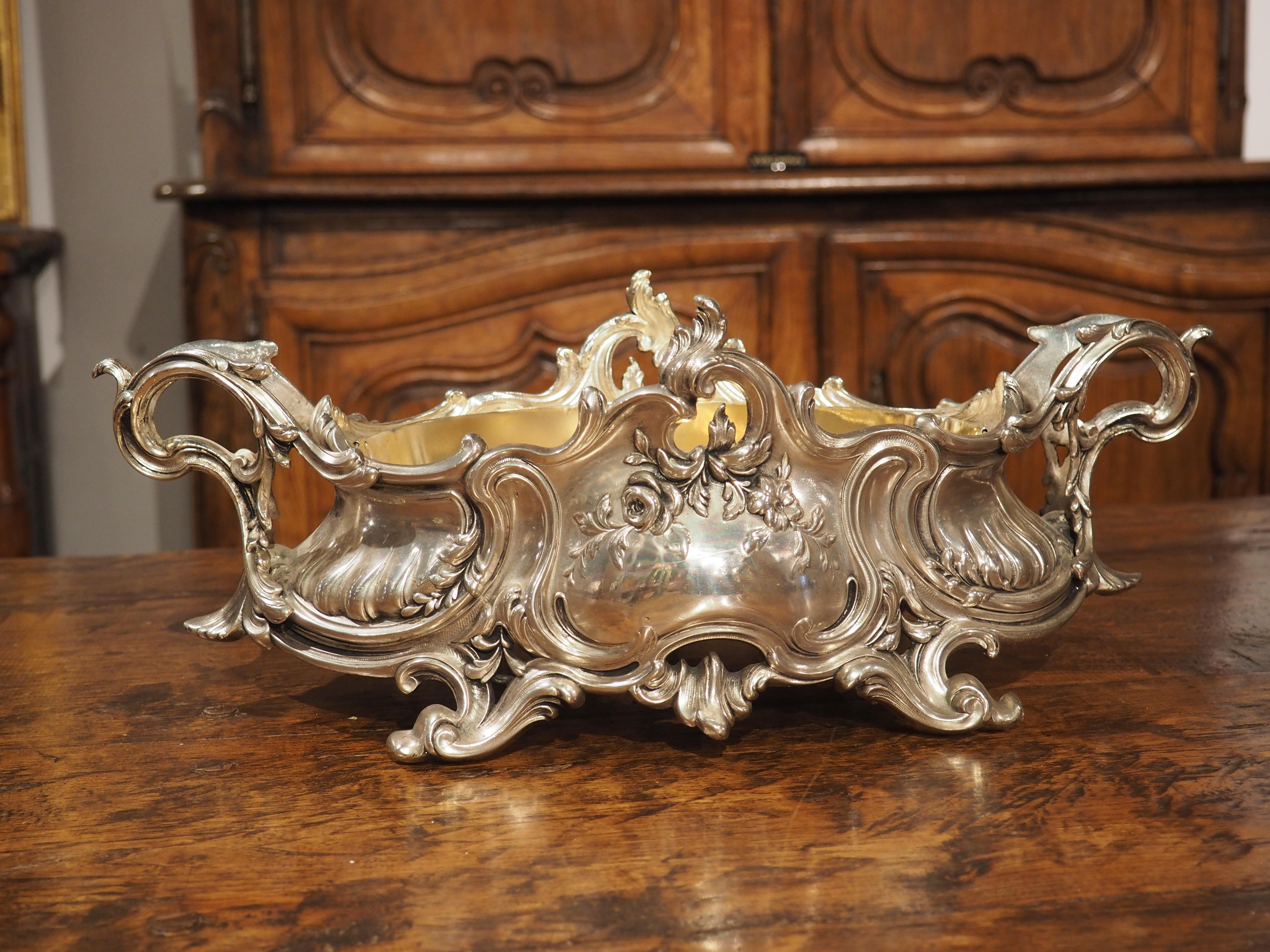 Silver Plated Solid Bronze Louis XV Style Jardiniere with Liner, Circa 1890 For Sale 4