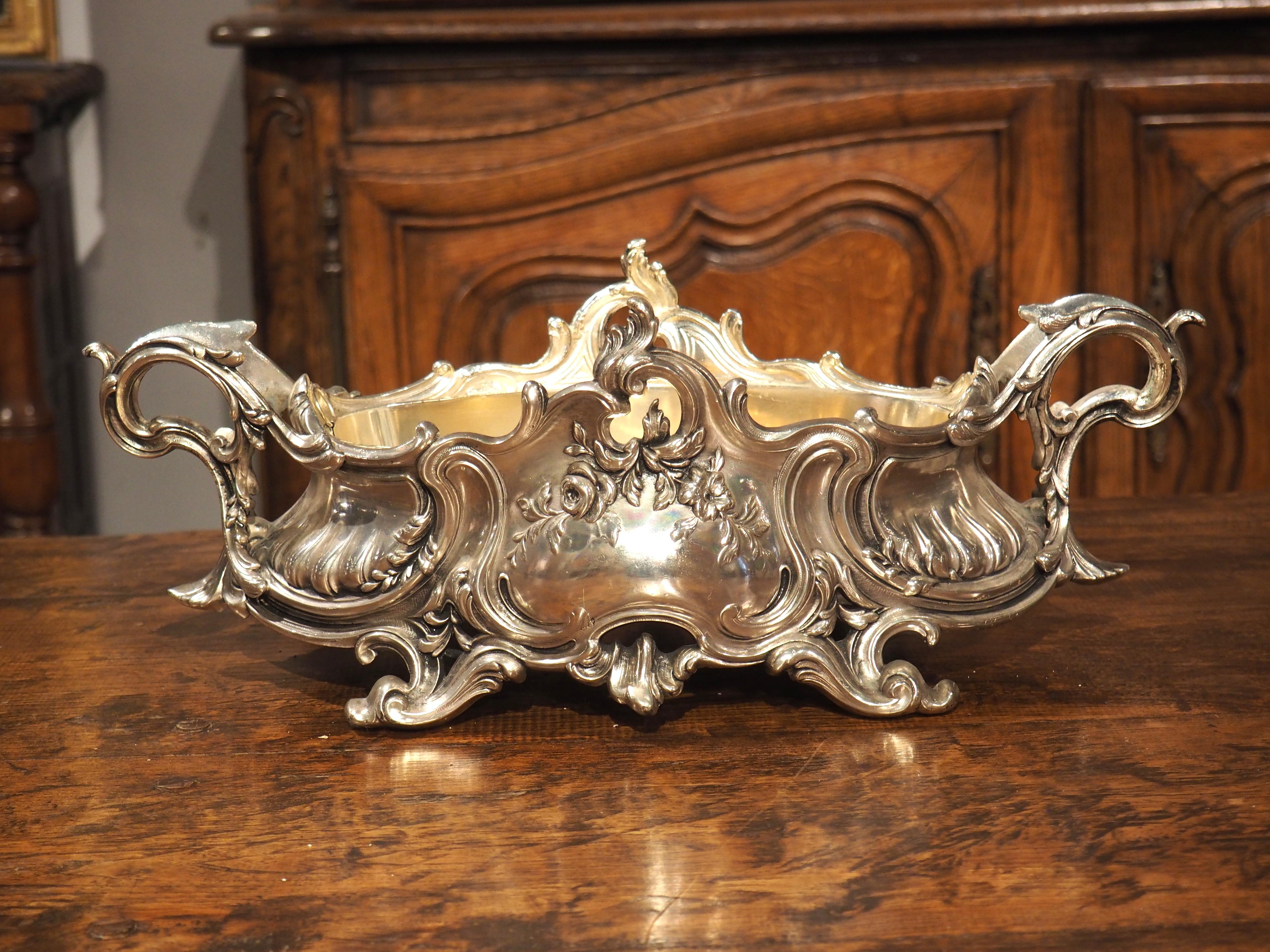 French Silver Plated Solid Bronze Louis XV Style Jardiniere with Liner, Circa 1890 For Sale
