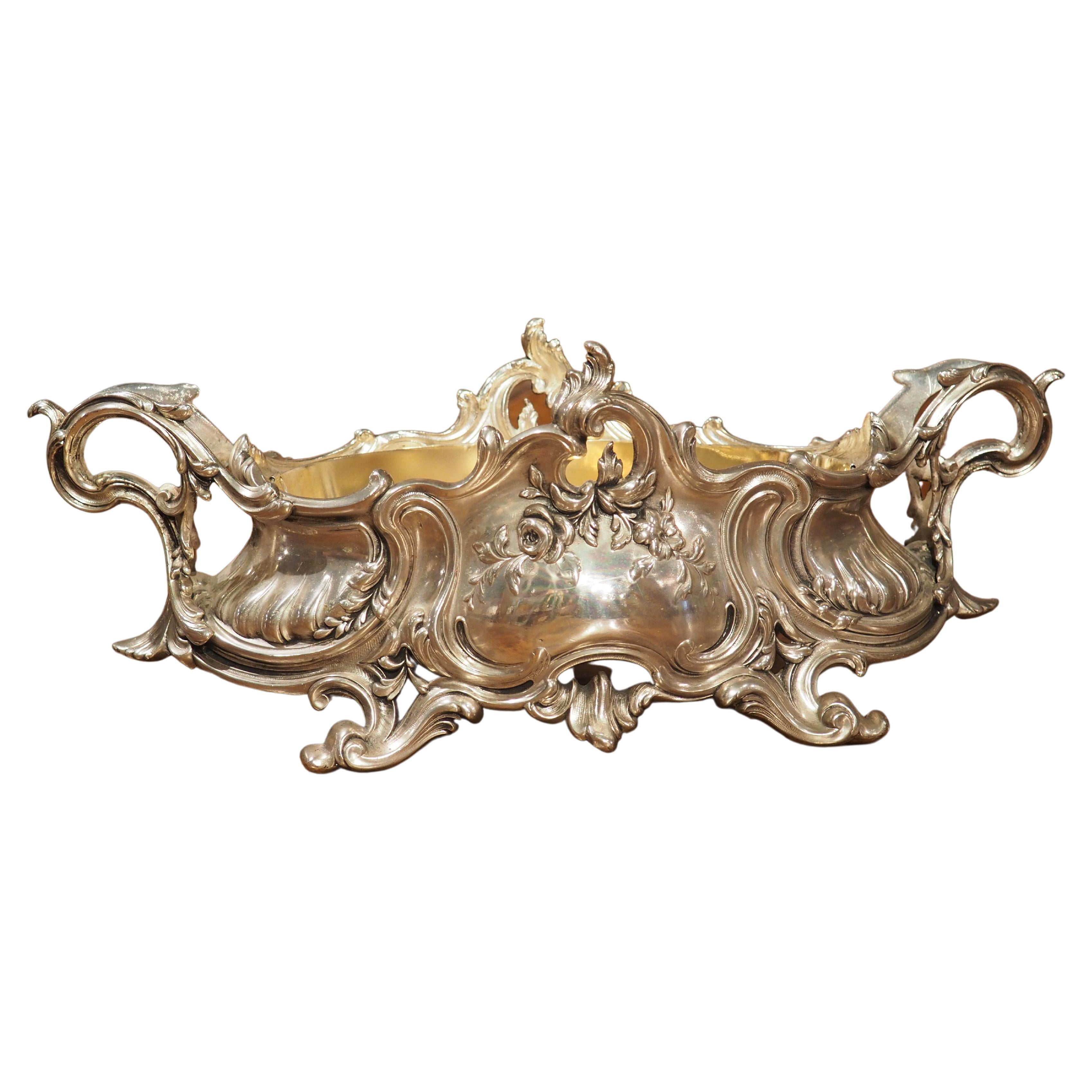 Silver Plated Solid Bronze Louis XV Style Jardiniere with Liner, Circa 1890 For Sale