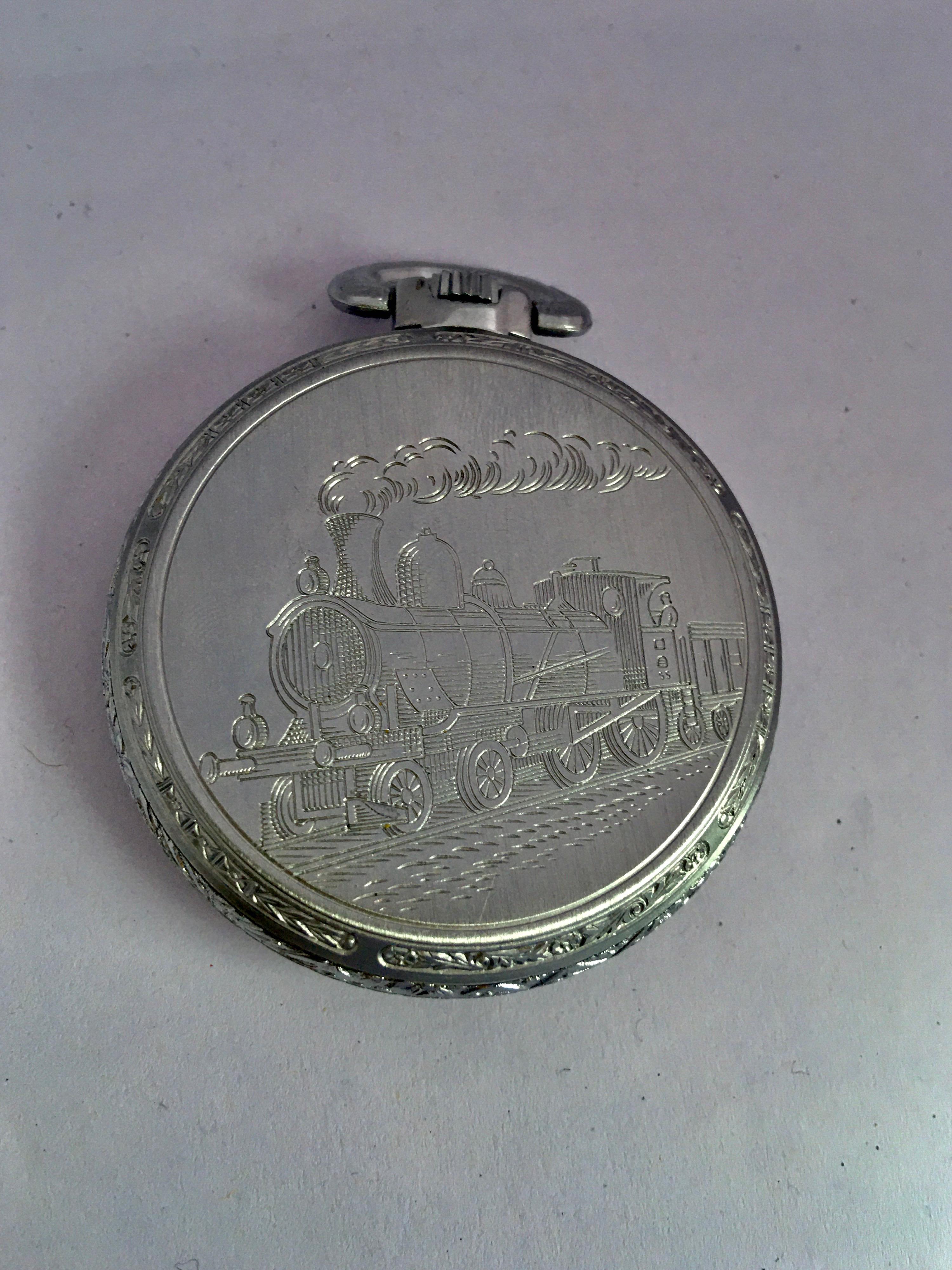 Versilberte Dampfzug-Taschenuhr im Angebot 4