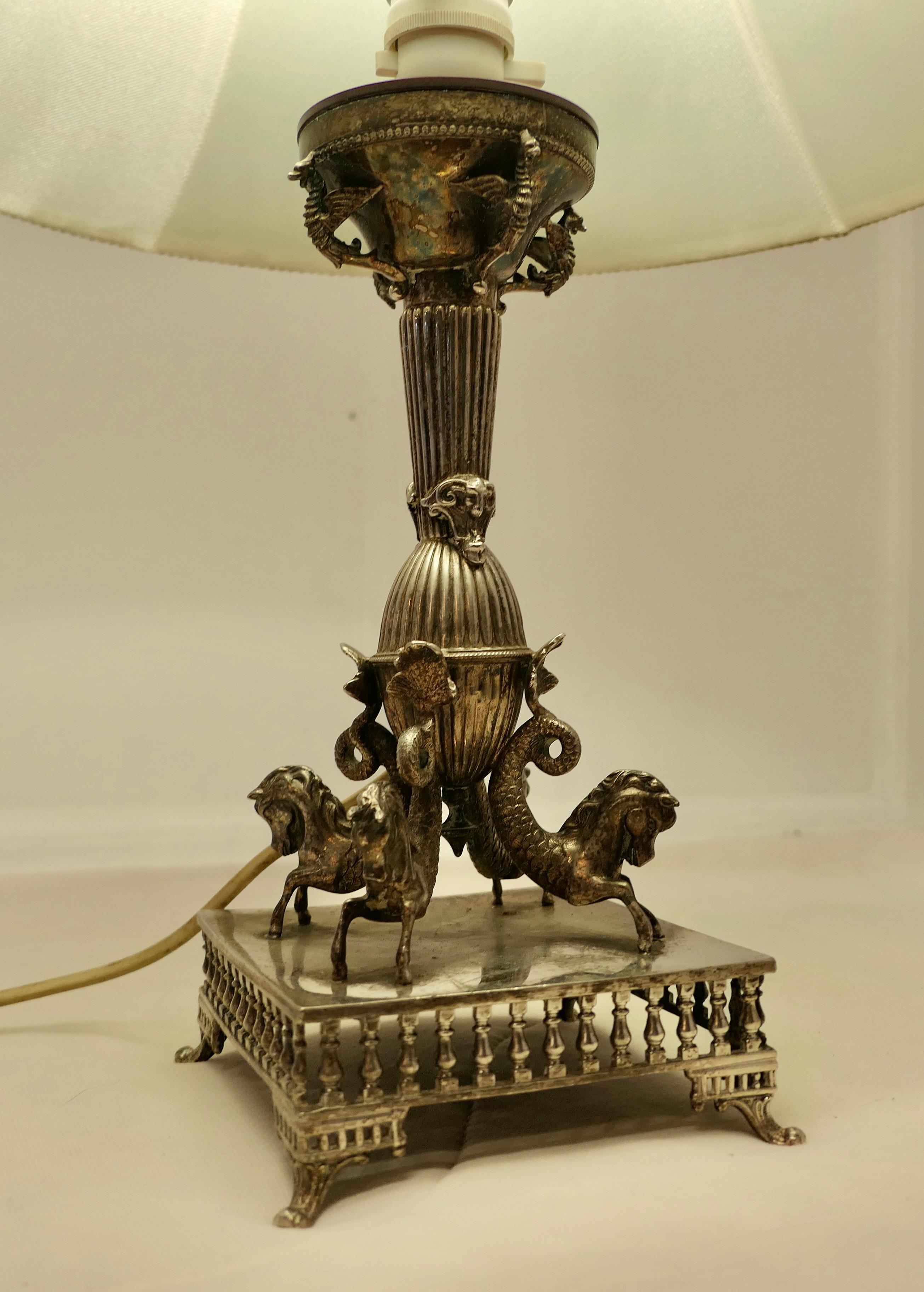 Neoclassical Silver Plated Table Lamp with Mythological Characters For Sale