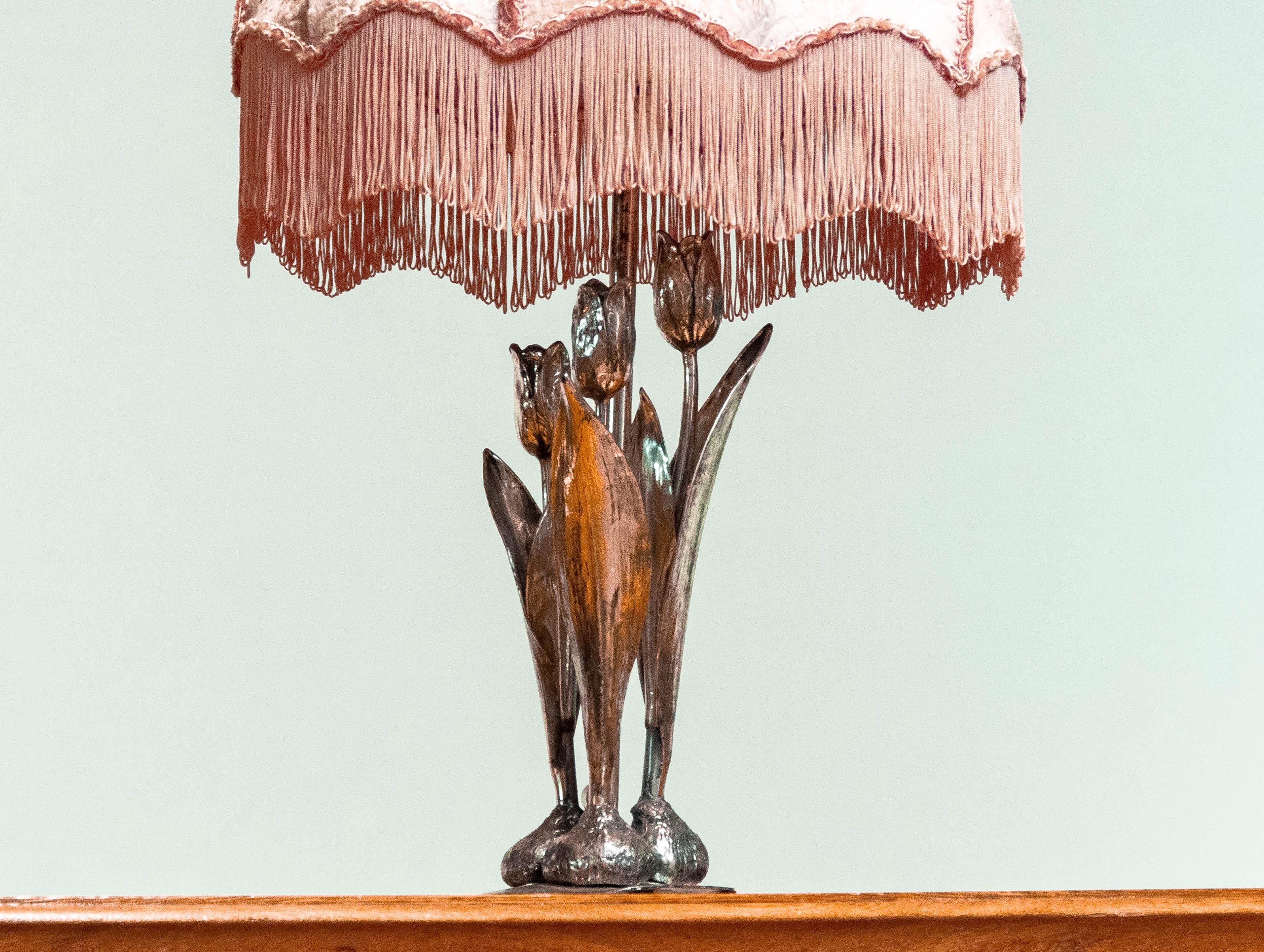 Art Nouveau Silver Plated Table Lamp with Three Tulips and Velvet Diabolo  Shade 1960s For Sale