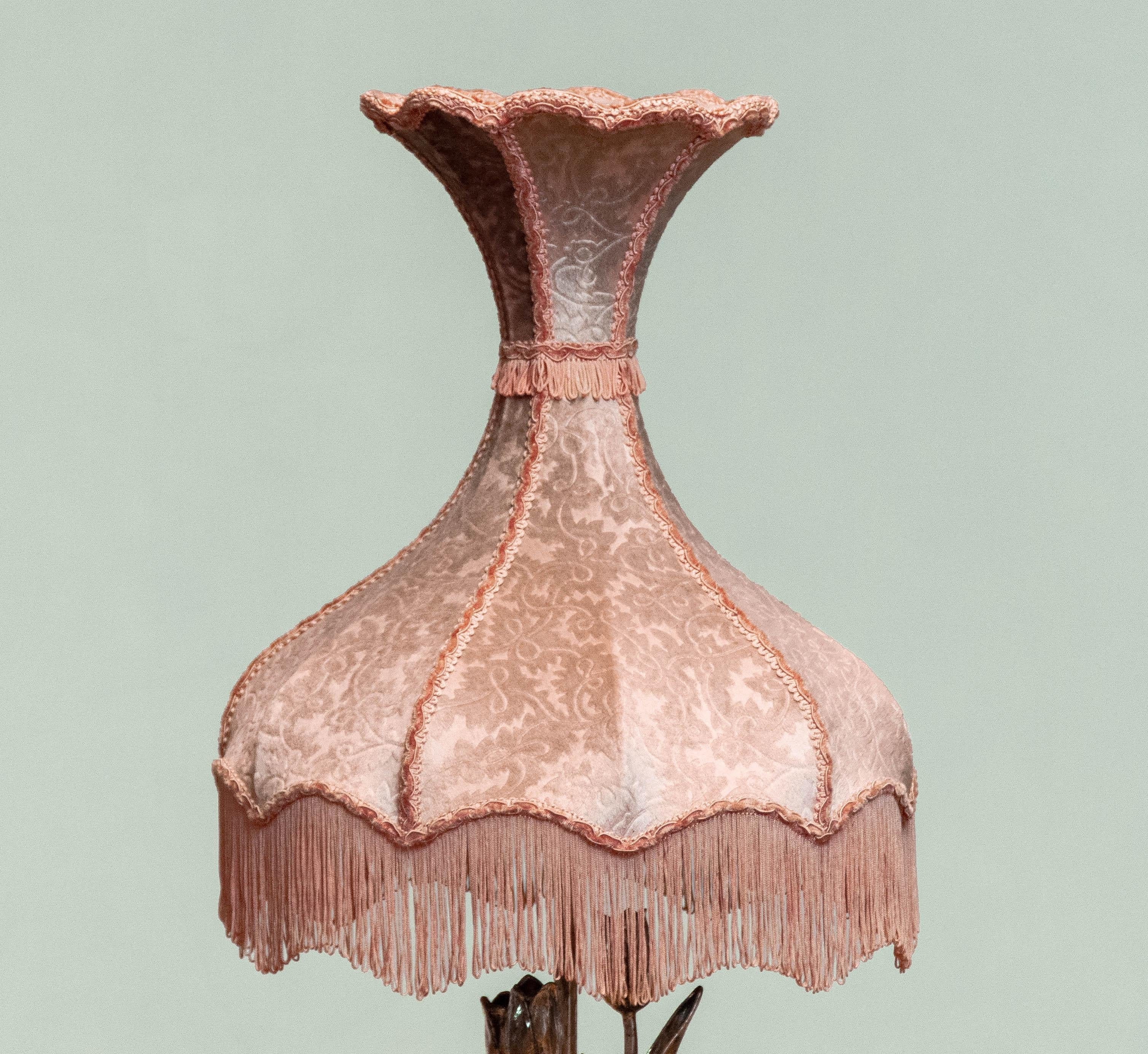 Swedish Silver Plated Table Lamp with Three Tulips and Velvet Diabolo  Shade 1960s For Sale