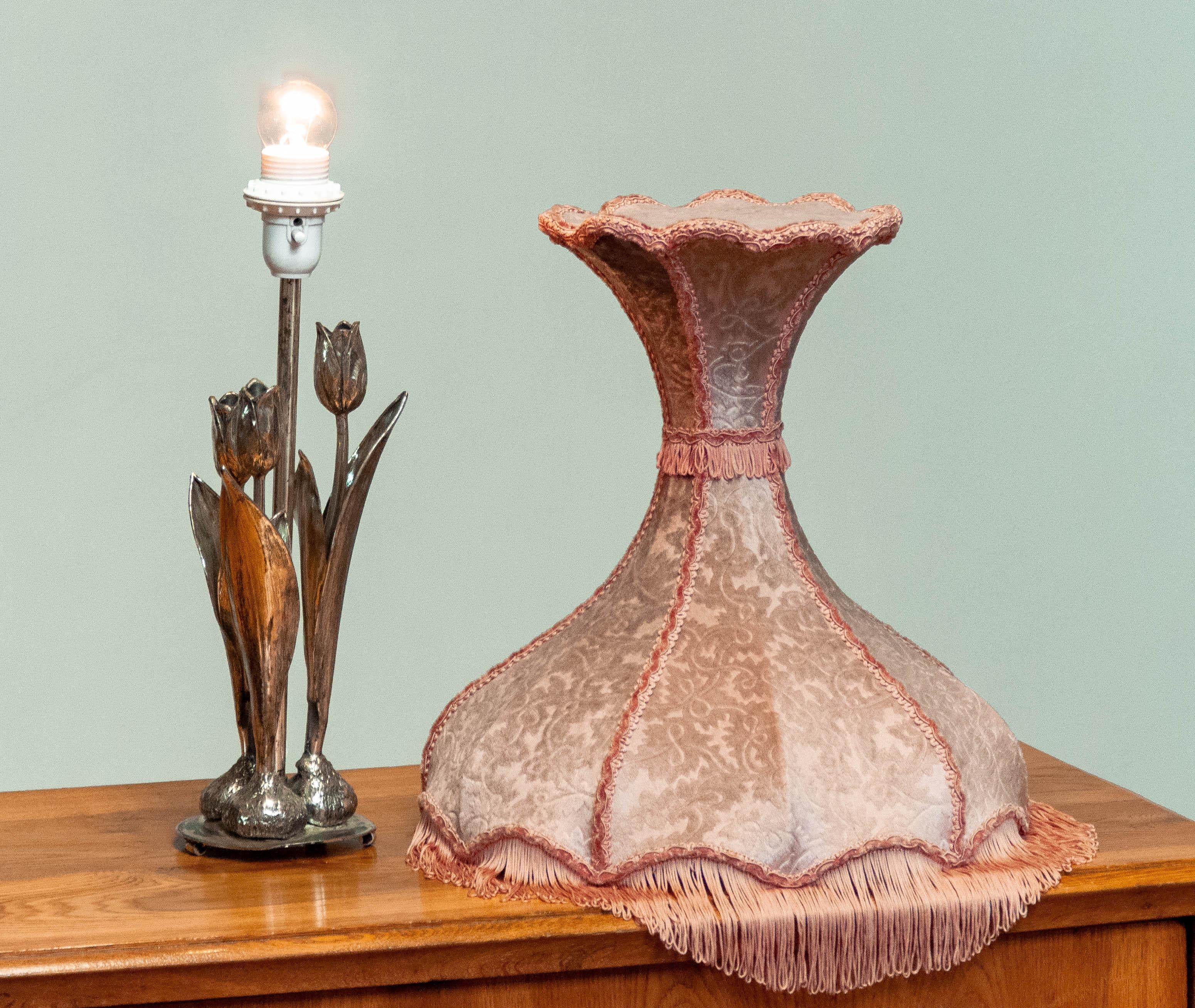 Silvered Silver Plated Table Lamp with Three Tulips and Velvet Diabolo  Shade 1960s For Sale