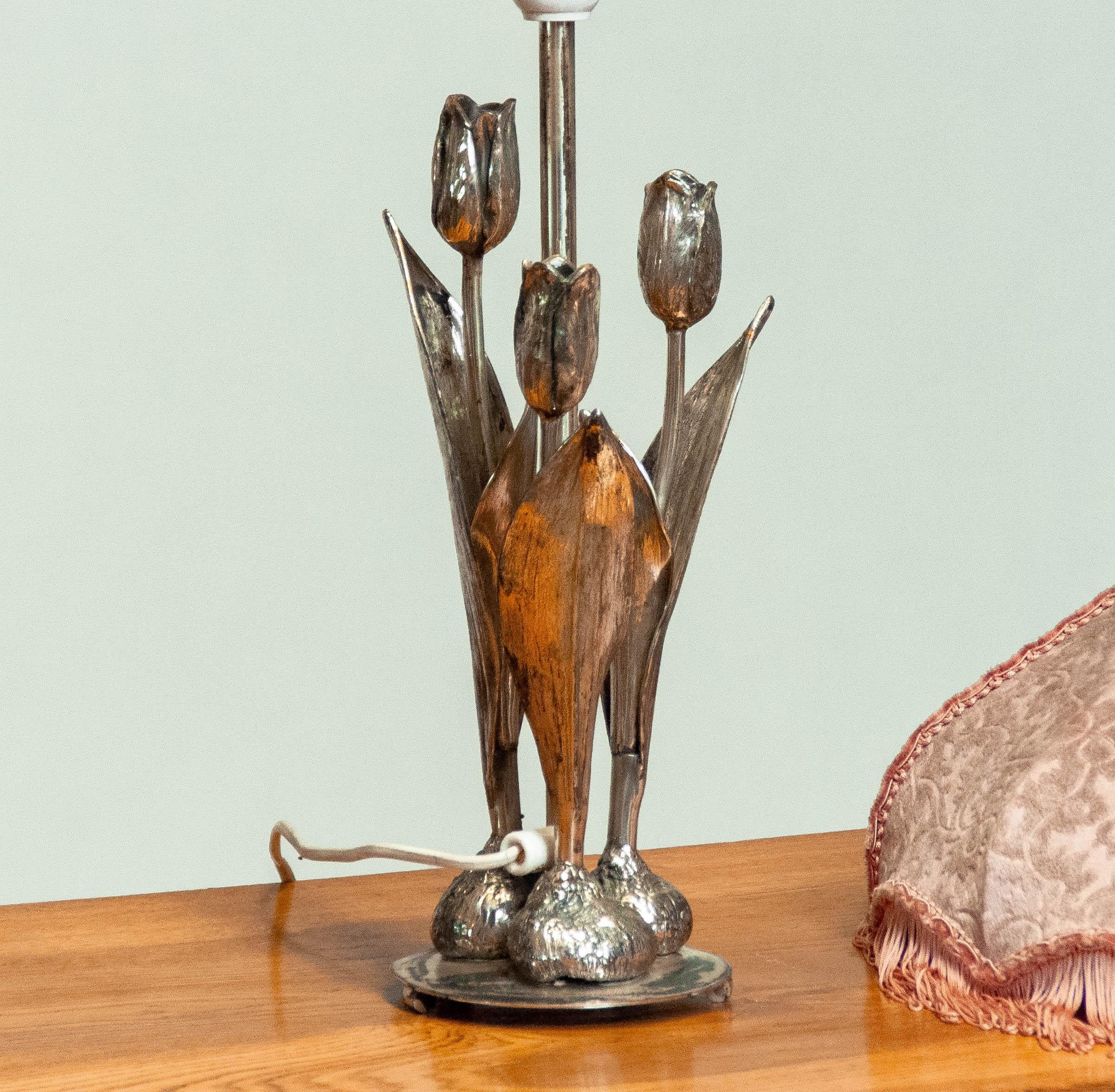 Mid-20th Century Silver Plated Table Lamp with Three Tulips and Velvet Diabolo  Shade 1960s For Sale