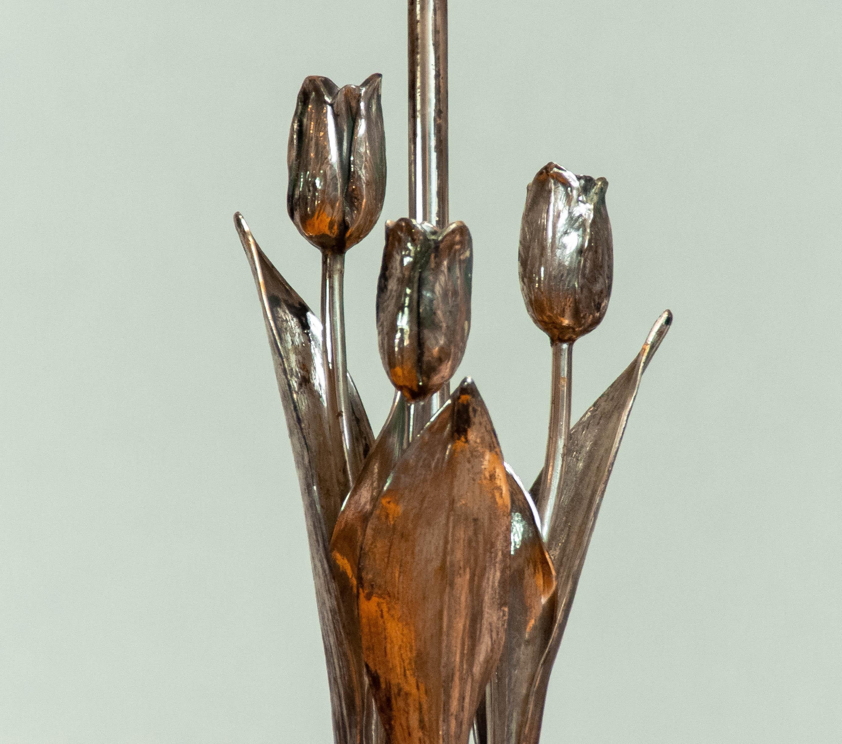Brass Silver Plated Table Lamp with Three Tulips and Velvet Diabolo  Shade 1960s For Sale