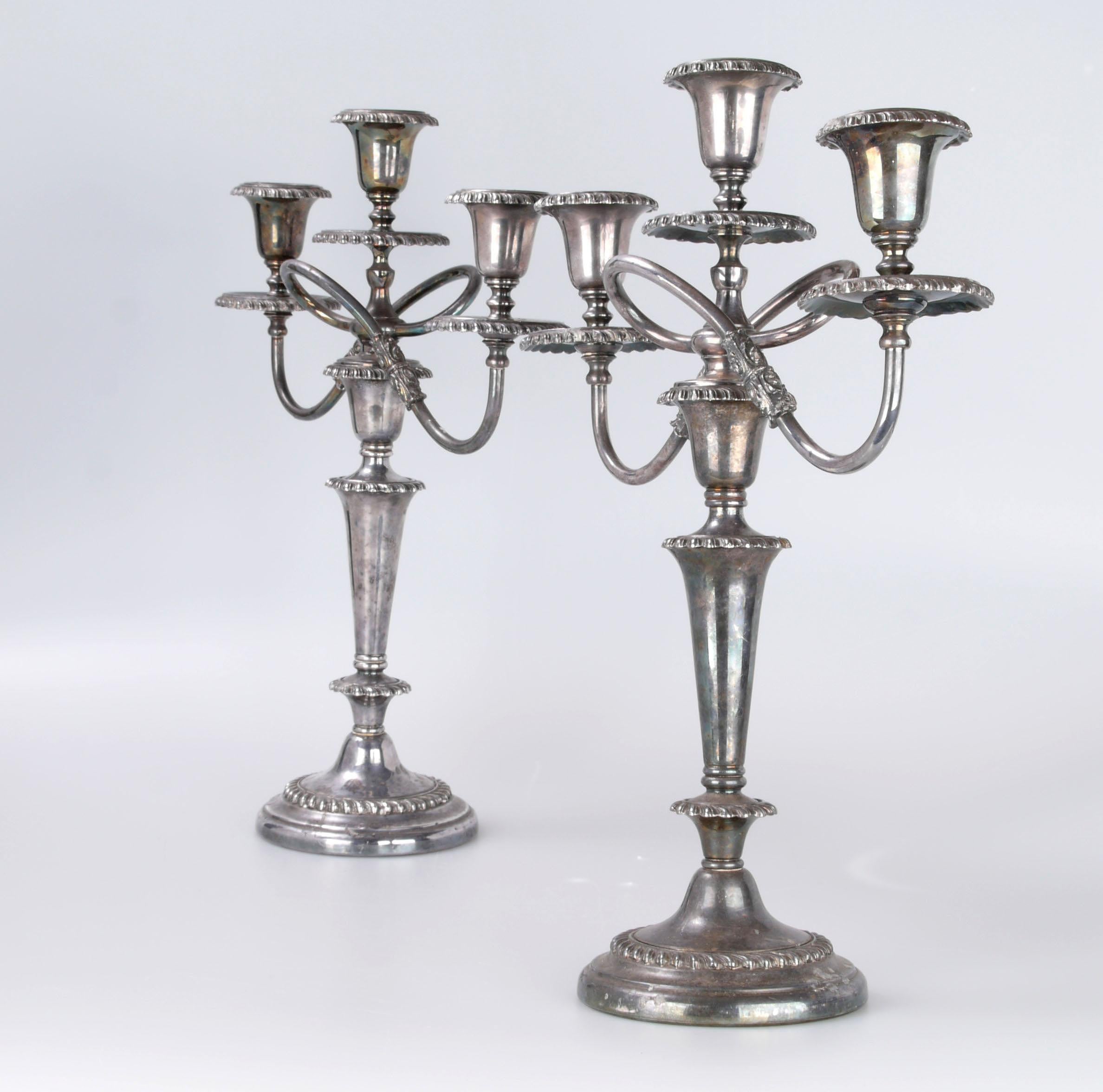Pair, Silver Plated Three-Arm Candelabras, Candleholders Friedman Silver Company In Good Condition For Sale In Miami, FL
