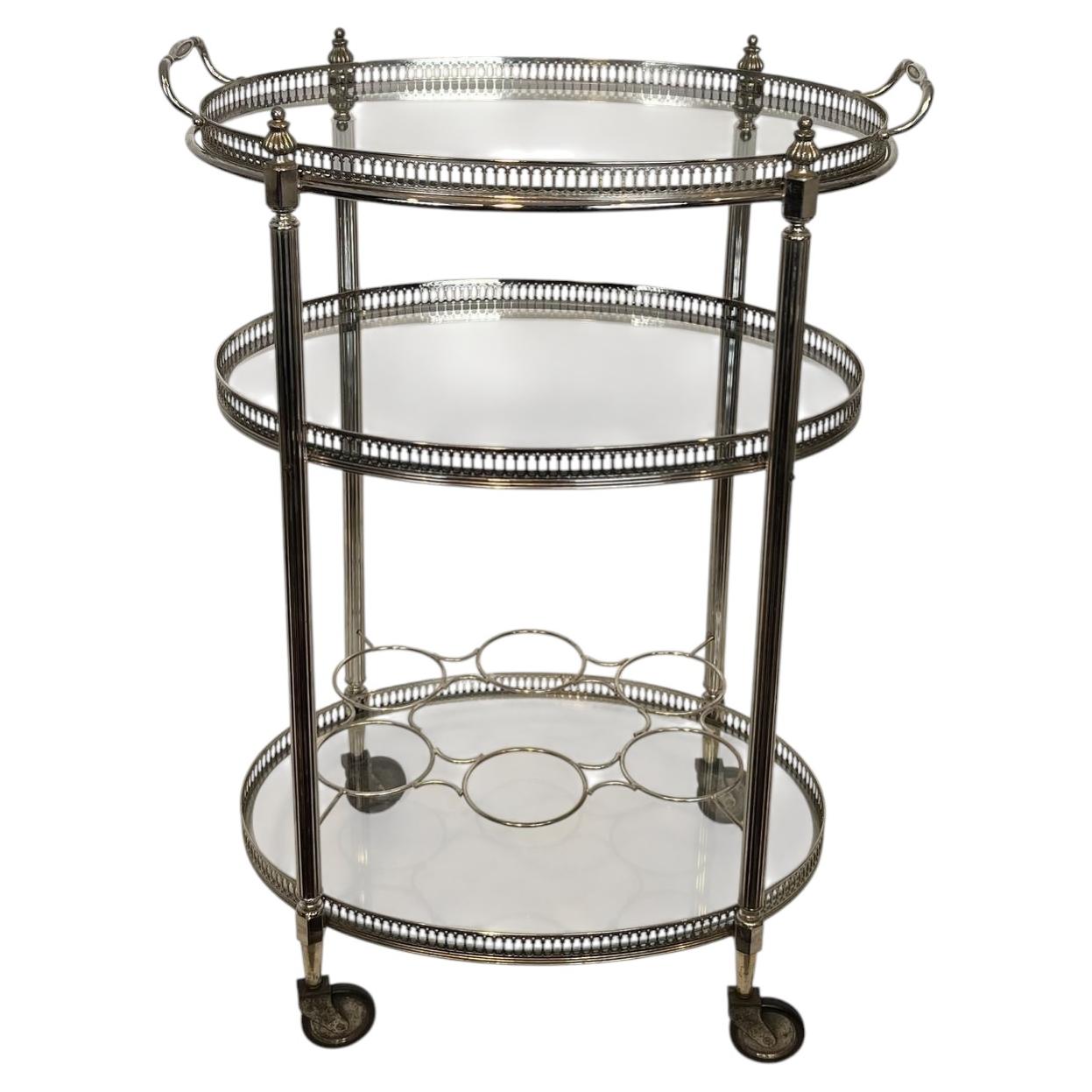 Silver-Plated Three-Tier Oval Bar Cart Attributed to Maison Jansen, 1940s For Sale