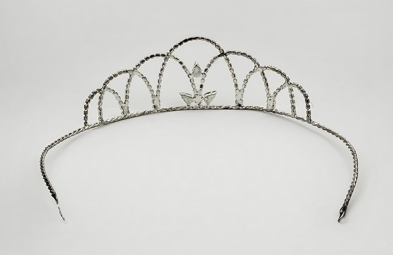 Silver Plated Tiara with a Rope Twist Band and Faceted Rhinestones circa 1960s 1