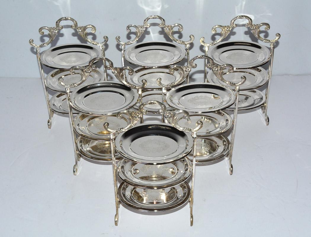 Vintage silver plated three-tier afternoon tea stand for high tea service. perfect for tidbits, appetizers, small finger sandwiches, small pastries, sweet or savories. Can also be used as a centerpiece or holding condiments on a kitchen