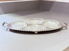 Silver-Plated Tray Four Cut Glass Dishes, Vintage condiment set, canapé Service