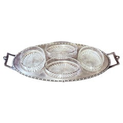 Silver-Plated Tray Four Cut Glass Dishes, Vintage condiment set, canapé Service Silver-Plated Tray Four Cut Glass Dishes, Vintage condiment set, canapé Service