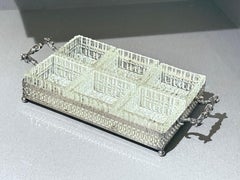 Silver-Plated Tray Six Cut Glass Dishes, Vintage condiment set, canapé Service