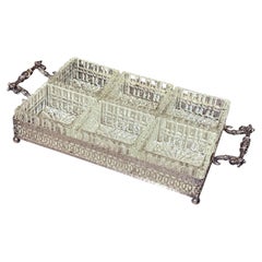 Silver-Plated Tray Six Cut Glass Dishes, Vintage condiment set, canapé Service