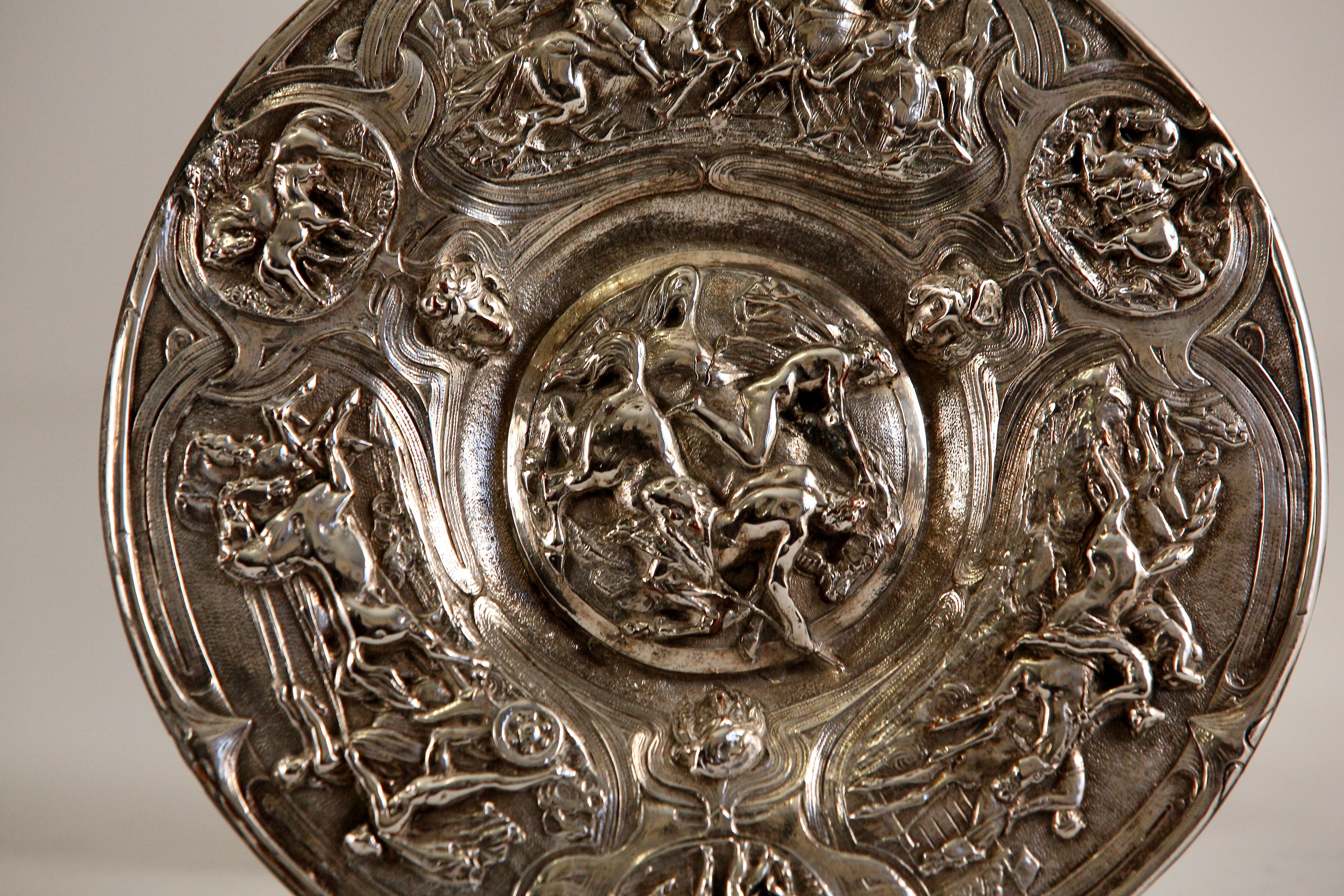 20th Century Silver Plated Trophy Dish Tazza with Gladiatorial and Horse Racing Scenes