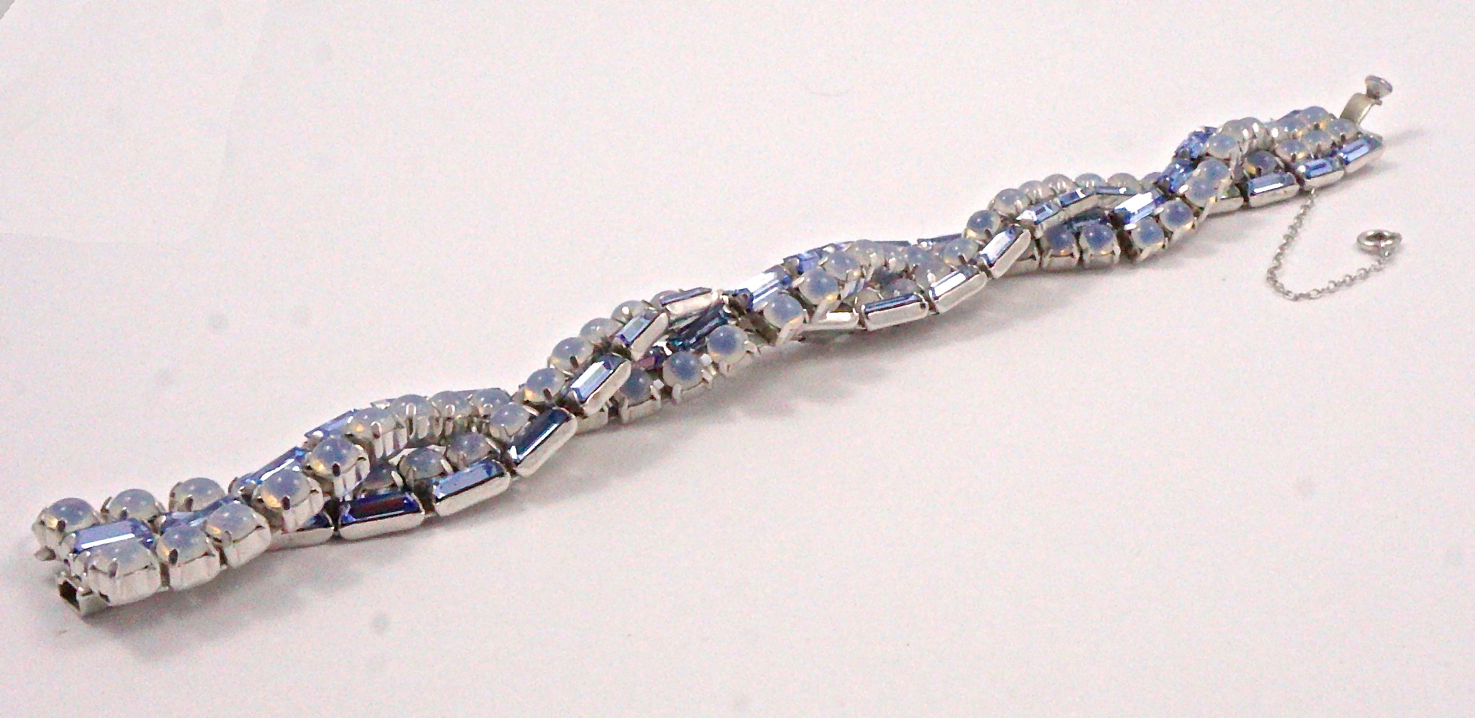 Silver Plated Twist Bracelet with Blue Baguettes and Round Blue Grey Moonglows For Sale 2