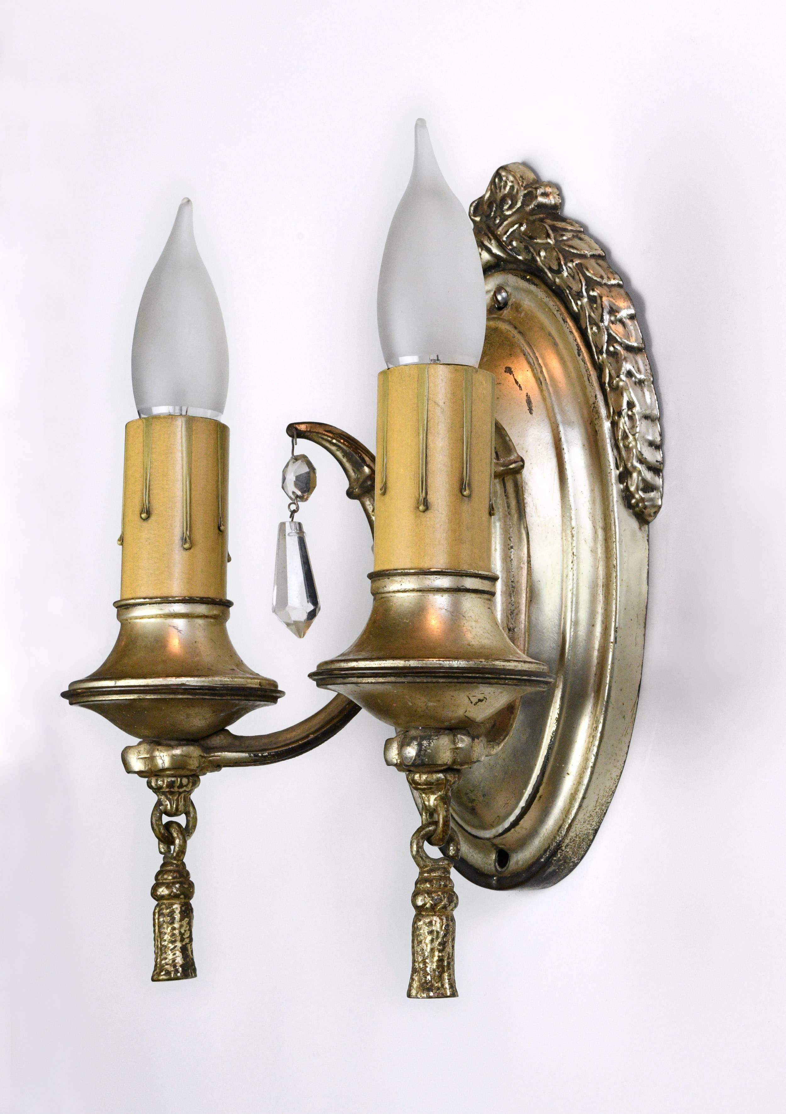 Neoclassical Revival Silver Plated Two-Arm Sconce with Crystals