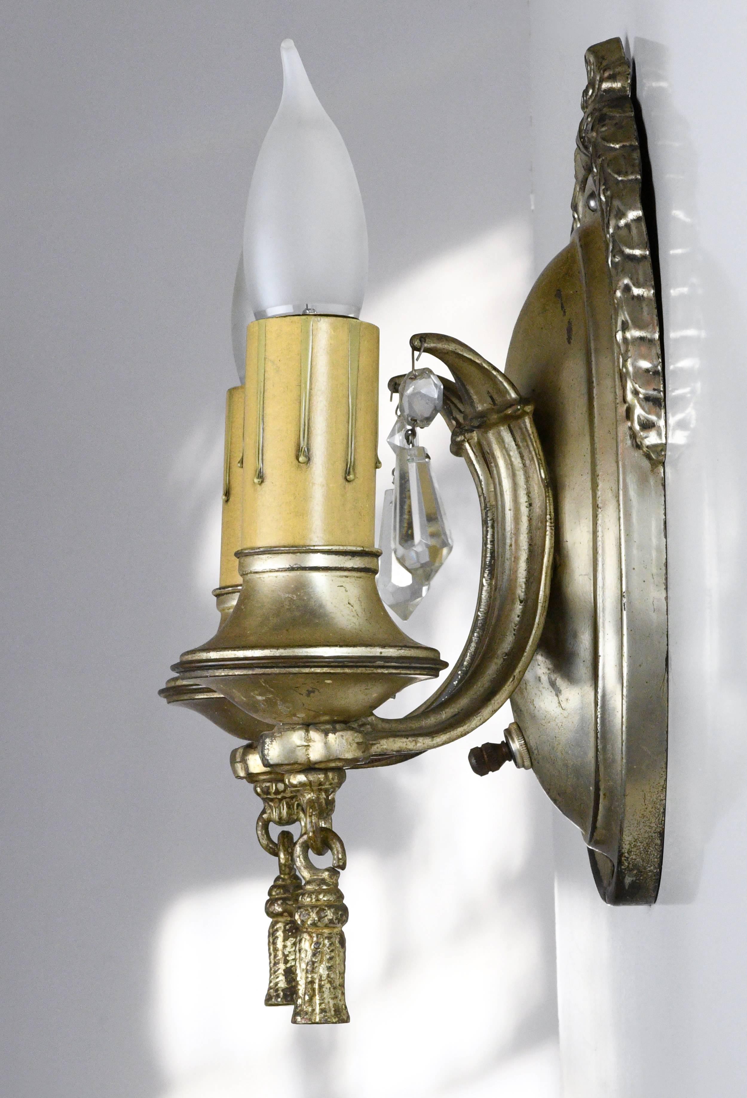 Silver Plated Two-Arm Sconce with Crystals In Good Condition In Minneapolis, MN