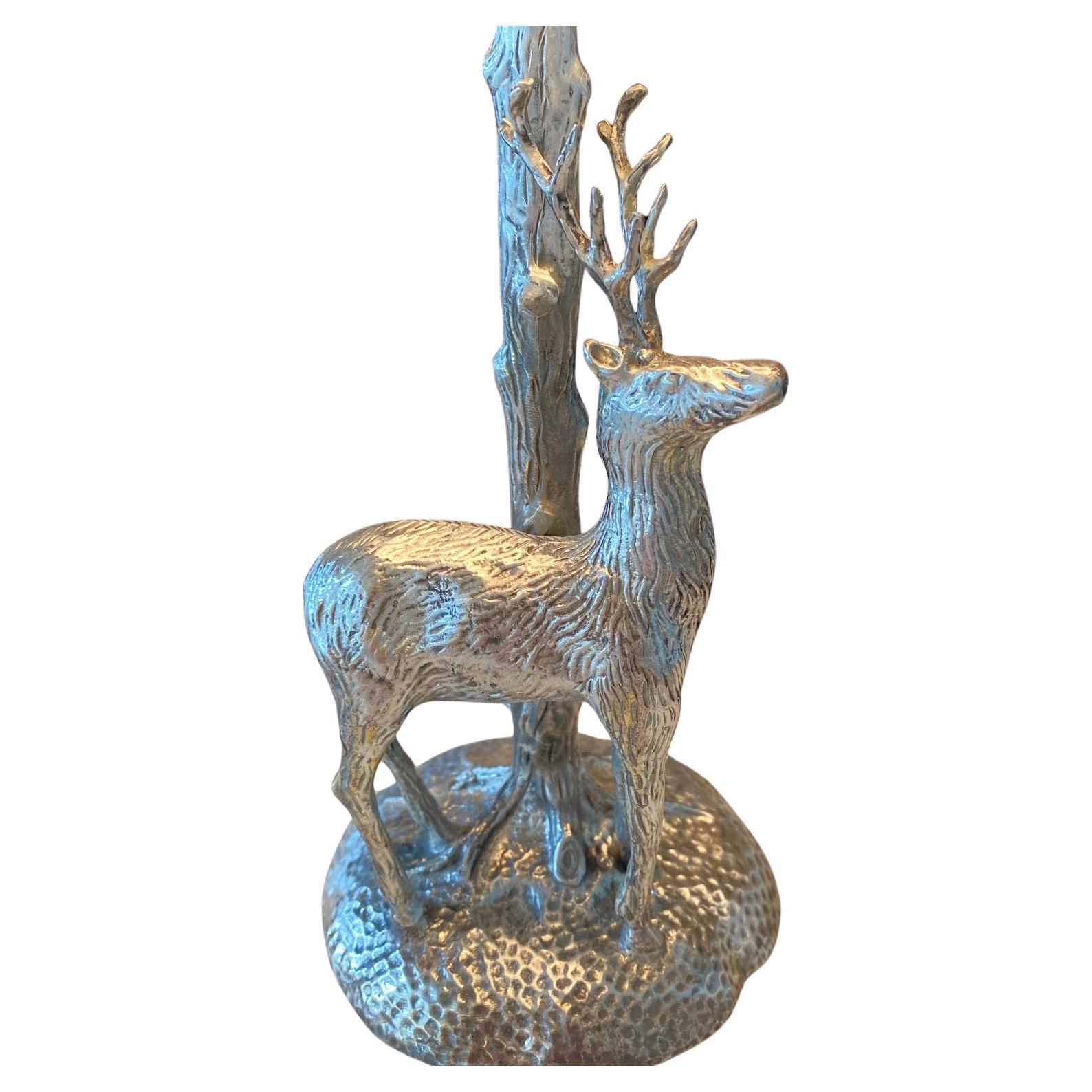 Valenti style stag table lamp, unsigned. Fine mid century quality solid silvered plate on bronze sculpture most likely by the highly sought after Spanish artist Valenti. This sculpture depicts a wild stag or deer under a beautifully sculpted simple