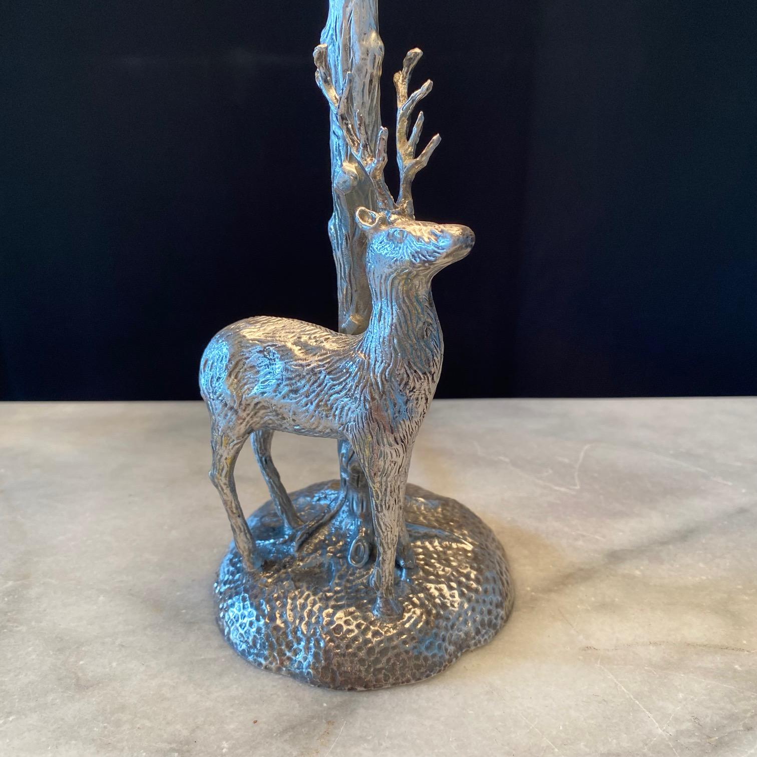 Skulpturale versilberte Bronze-Tischlampe im Valenti-Stil mit Hirsch oder Hirsch aus Bronze  im Angebot 3