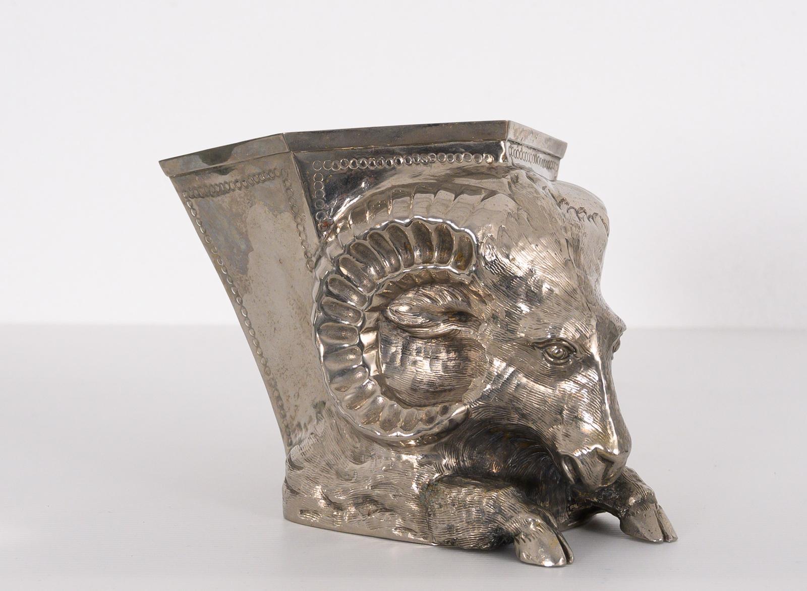 Rare hand worked and chiselled silver plated vase in the form of a Ram. Designed by Gabriella Crespi part of the “Animalia” series possibly for Christian Dior. Signed underneath,
Italy, circa 1970.