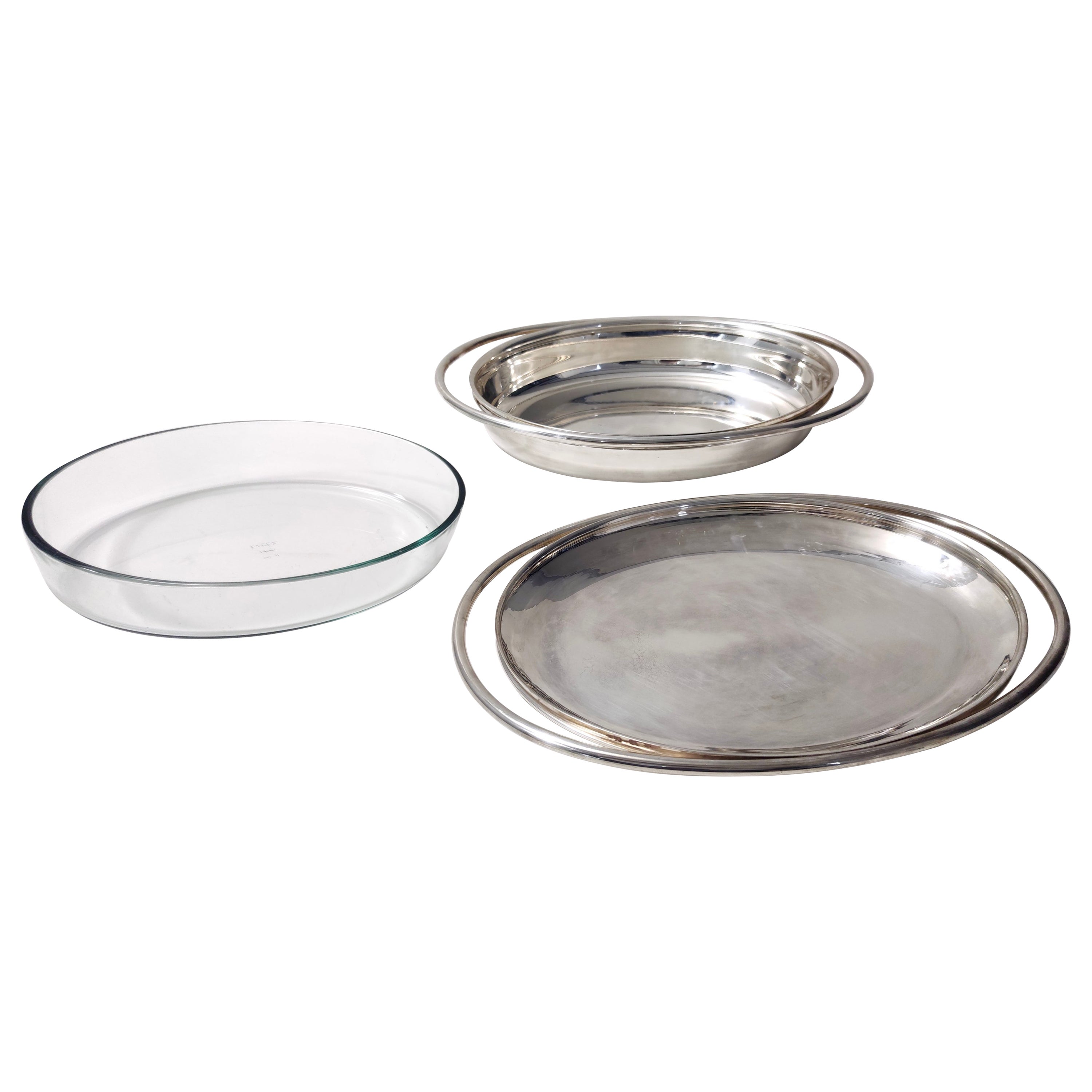 Plat à vin en métal argenté avec plat à casserole en verre Pyrex de Sabattini, Italie