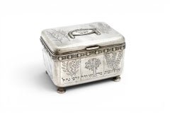 Silver-Plated Warsaw Etrog Box with Engraved Four Species, Circa 1900