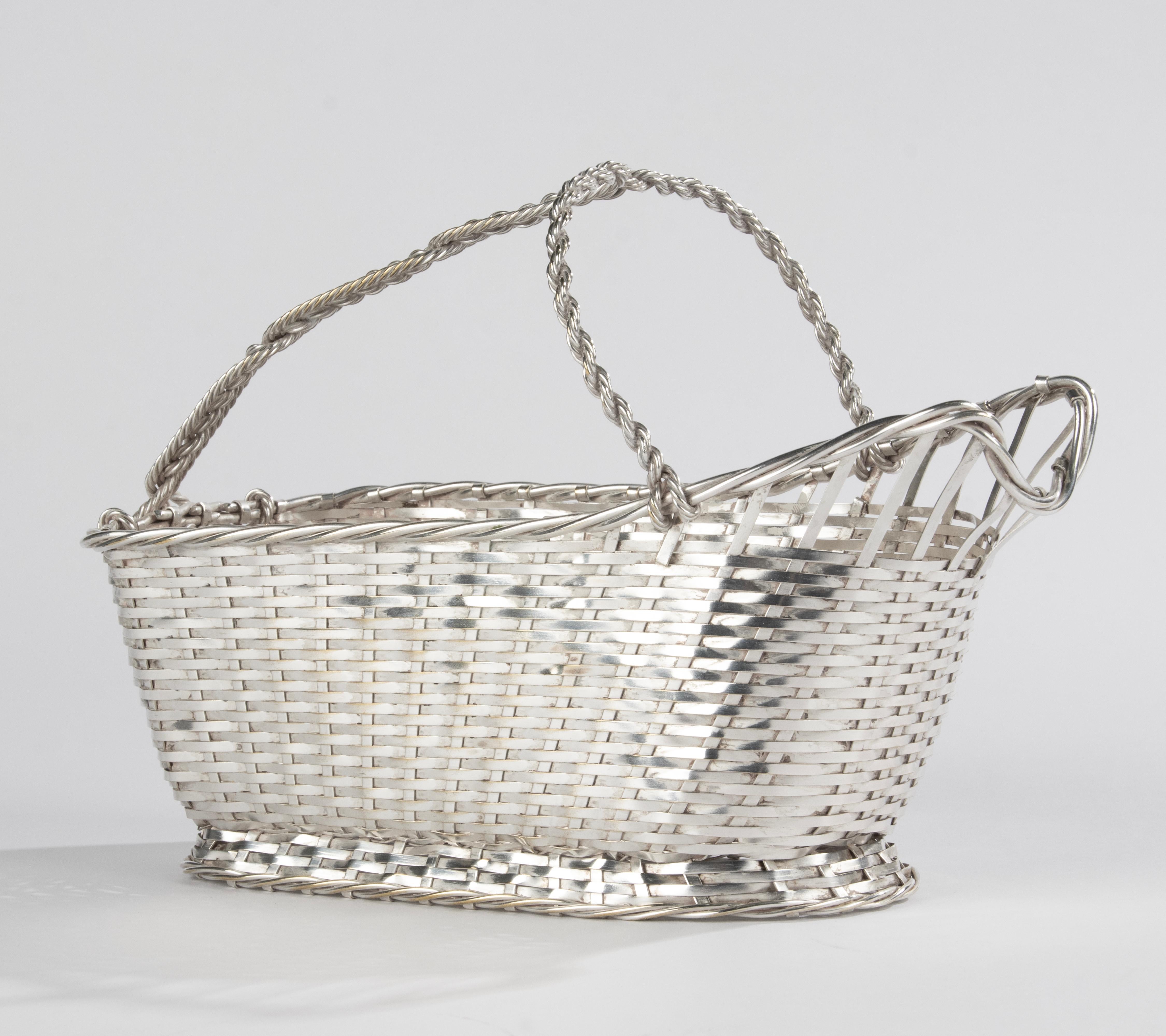 Modern Silver Plated Wicker Wine Serving Basket - Christofle France For Sale