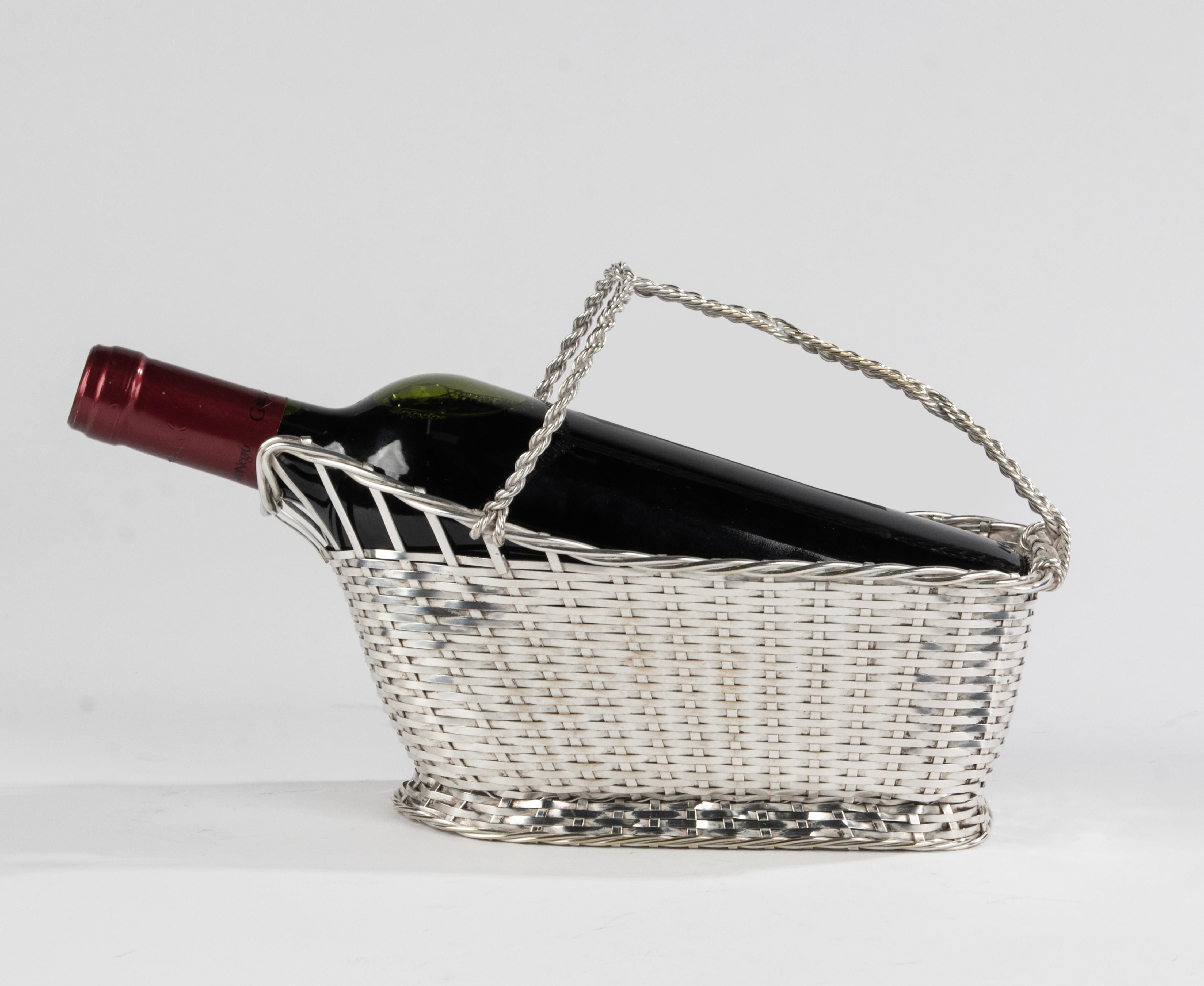 Hand-Crafted Silver Plated Wicker Wine Serving Basket - Christofle France