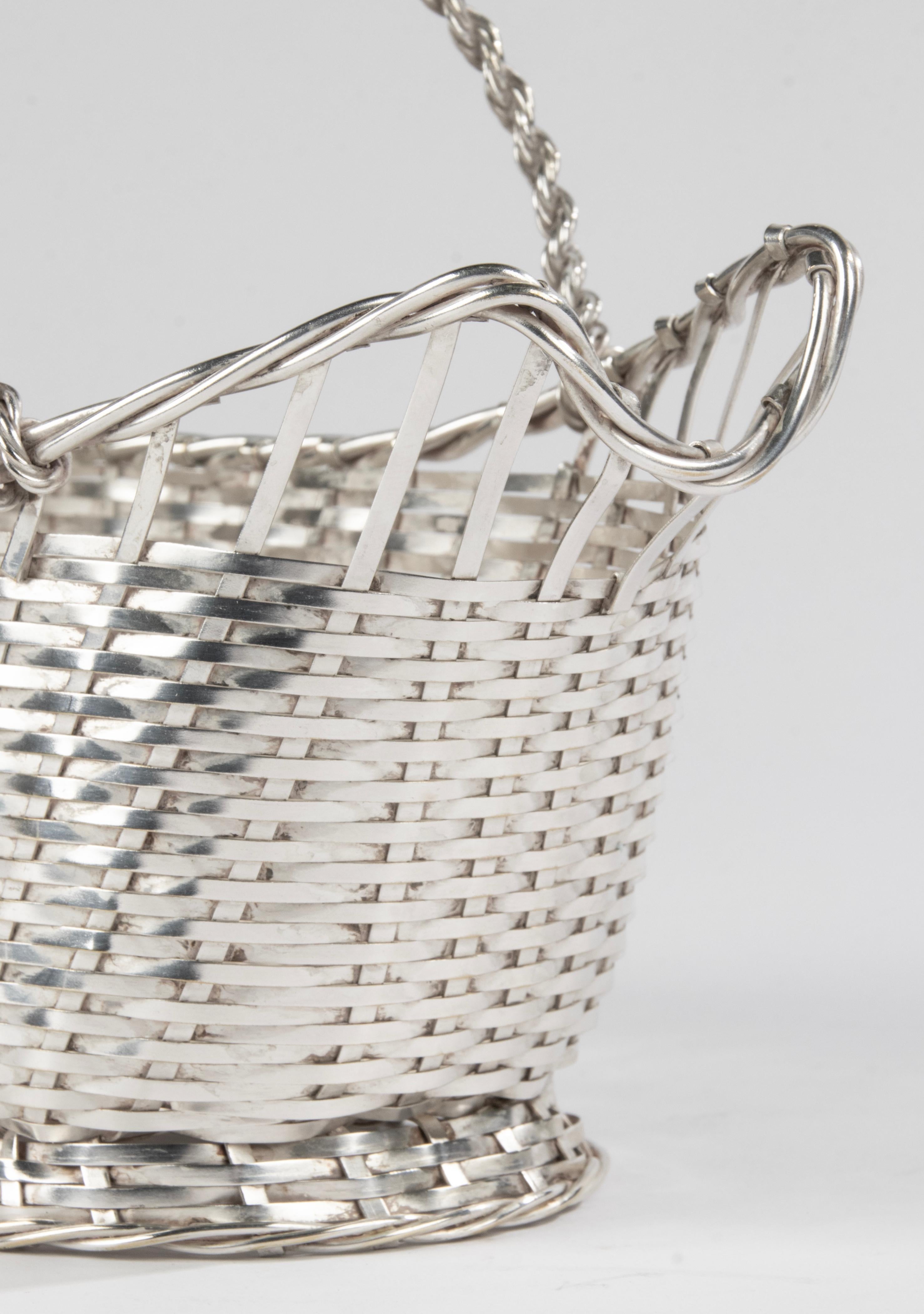 Late 20th Century Silver Plated Wicker Wine Serving Basket - Christofle France For Sale