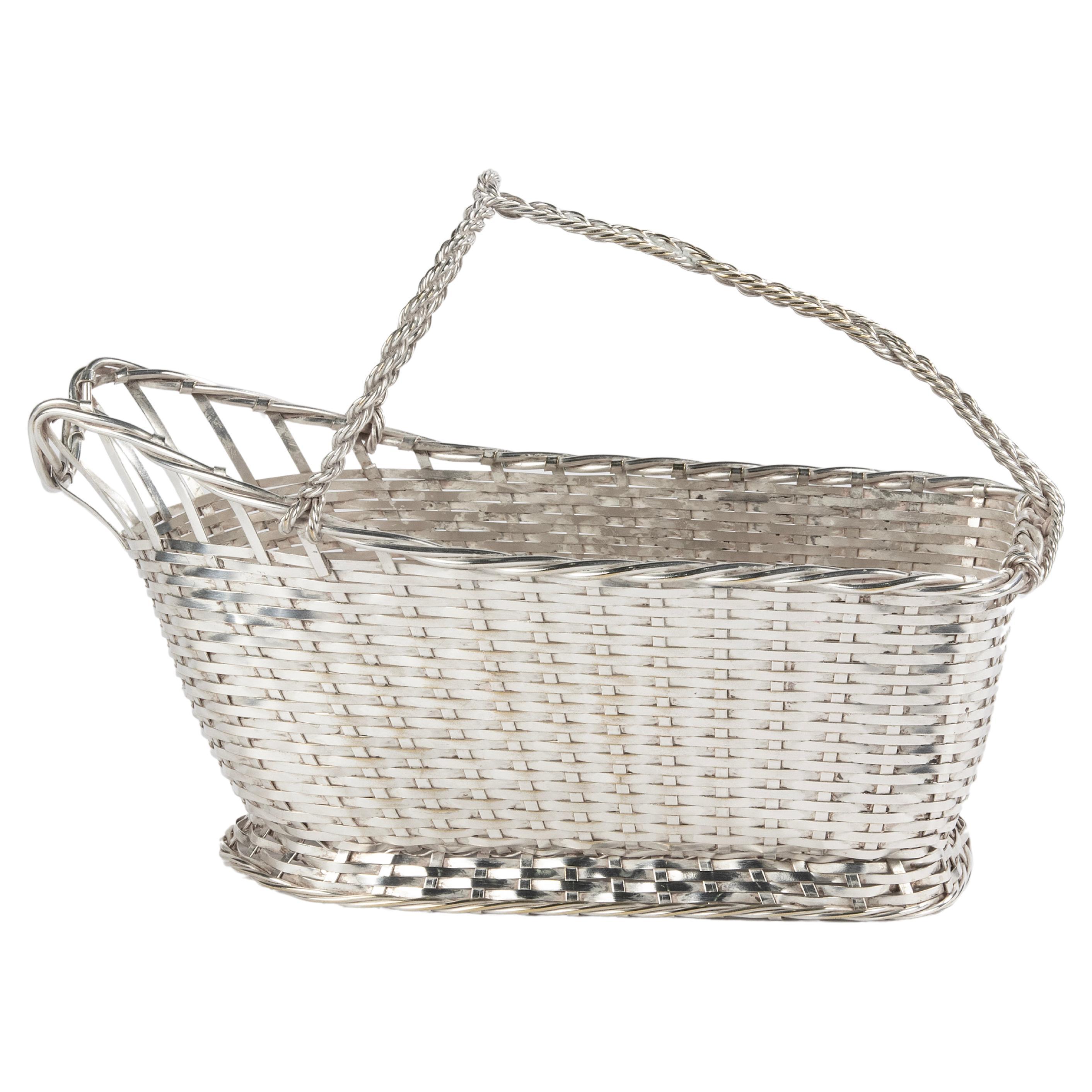 Silver Plated Wicker Wine Serving Basket - Christofle France For Sale