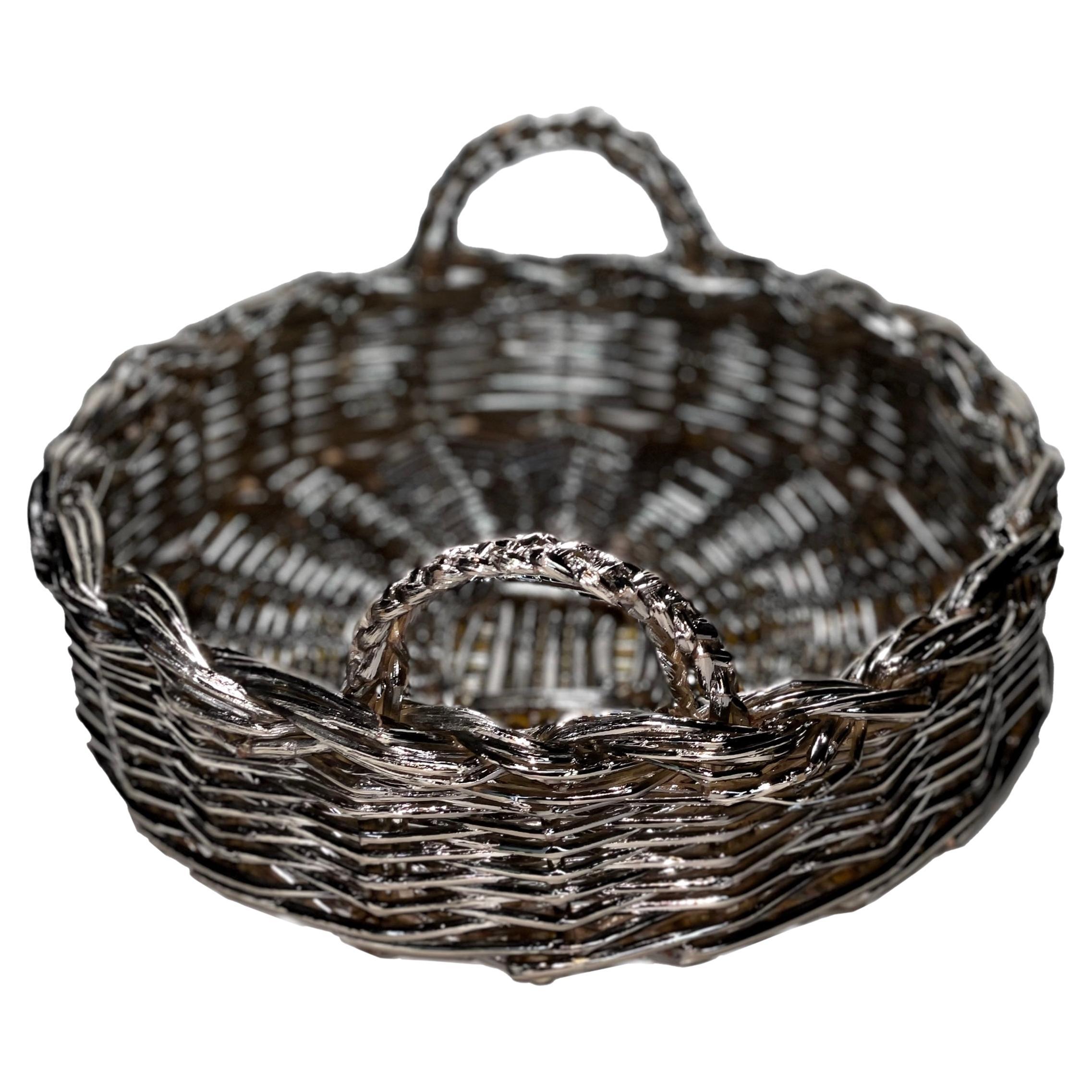 Contemporary Silver-Plated Hand Made Woven Basket, Made in Italy