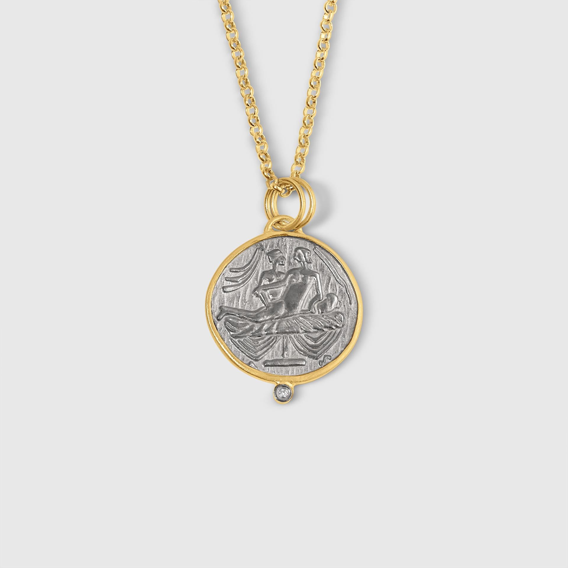 Pompei III Coin Replica w/ Diamond Detail, 24kt Yellow Gold and Silver by Kurtulan, Size Large, Diamonds: 0.02ct, Colour: H Clarity: VS2, Comes with 18