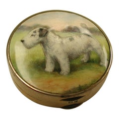 Antique Silver Powder Box with Iridescent Enamelled Terrior Dog Scene, Birmingham 1929