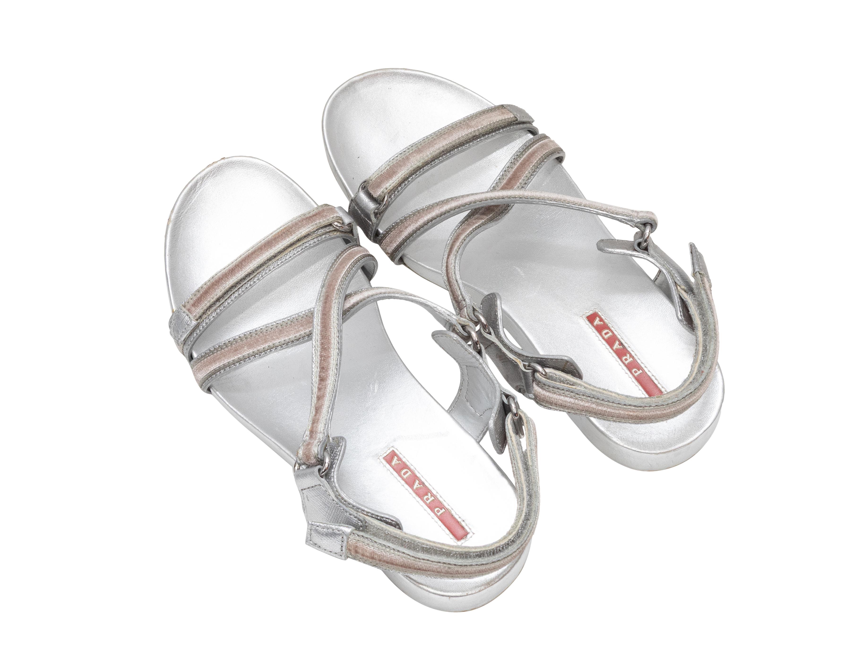 Argent Silver Prada Leather & Velvet Strappy Sandals Size 37.5 en vente