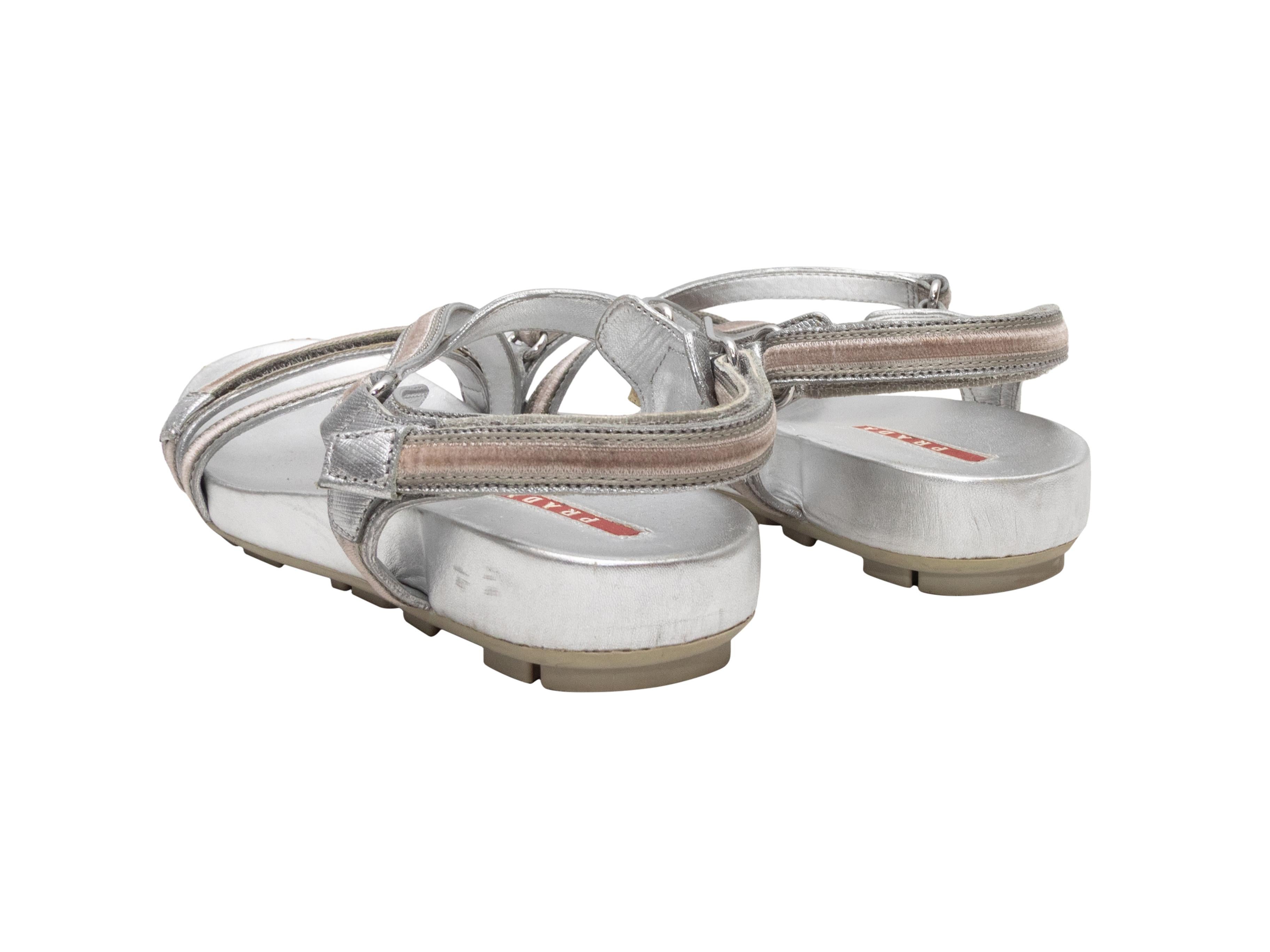 Silver Prada Leather & Velvet Strappy Sandals Size 37.5 Bon état - En vente à New York, NY