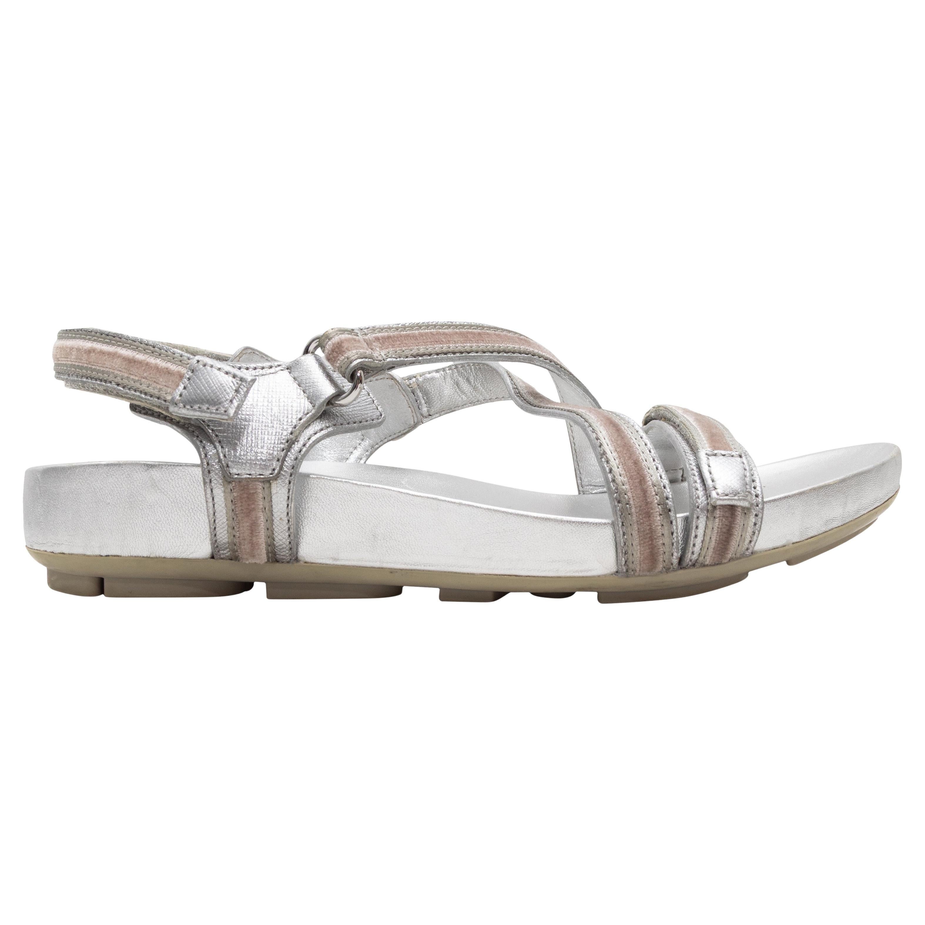 Silver Prada Leather & Velvet Strappy Sandals Size 37.5