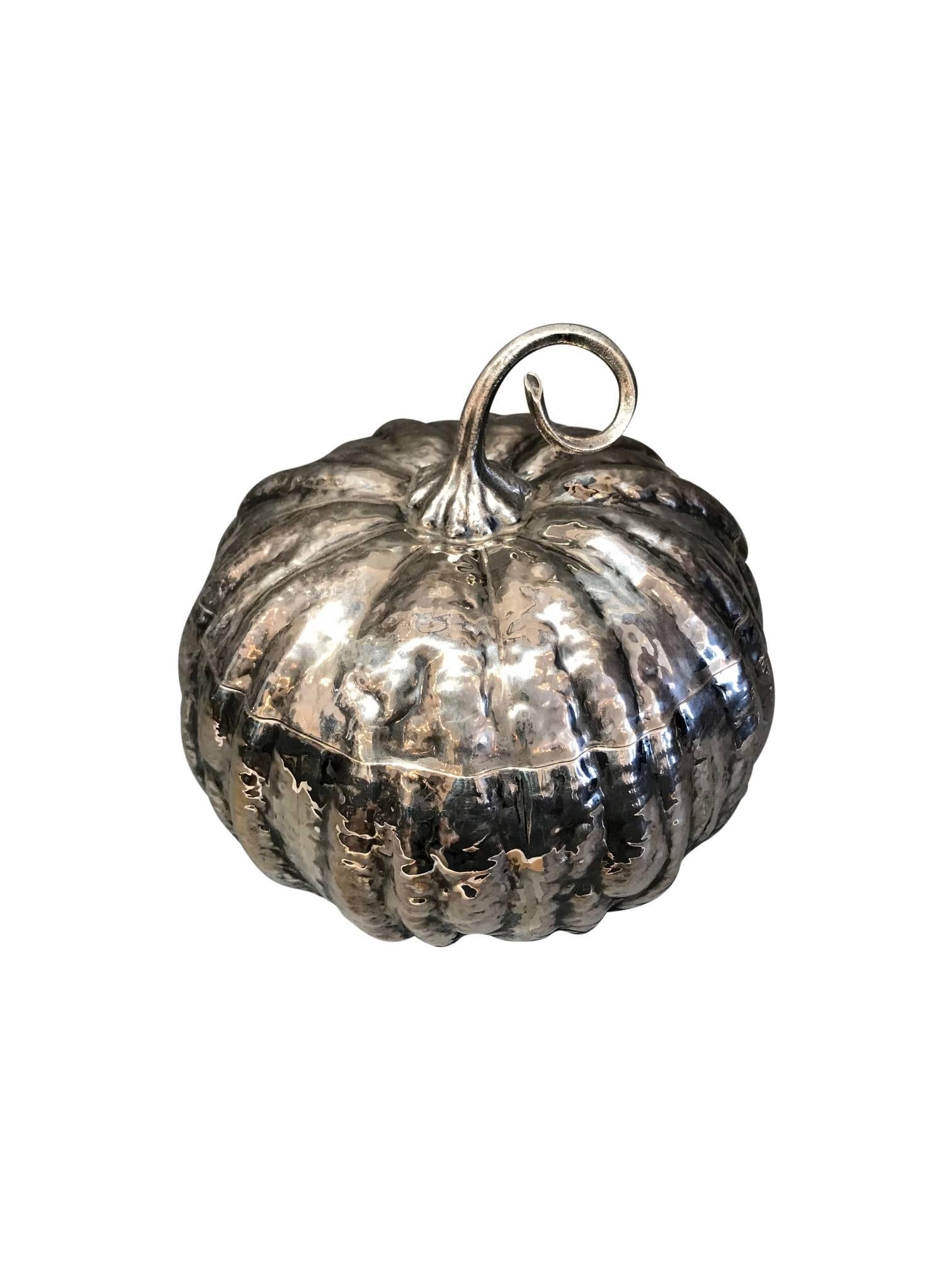 Modern Silver Pumpkin with Glass Dish by Mario Buccellati, circa 1950 Stamped M. Bucc