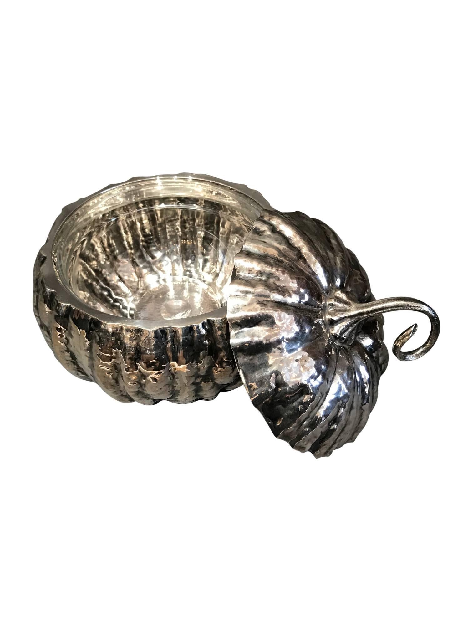 Silver Pumpkin with Glass Dish by Mario Buccellati, circa 1950 Stamped M. Bucc In Excellent Condition In Aspen, CO