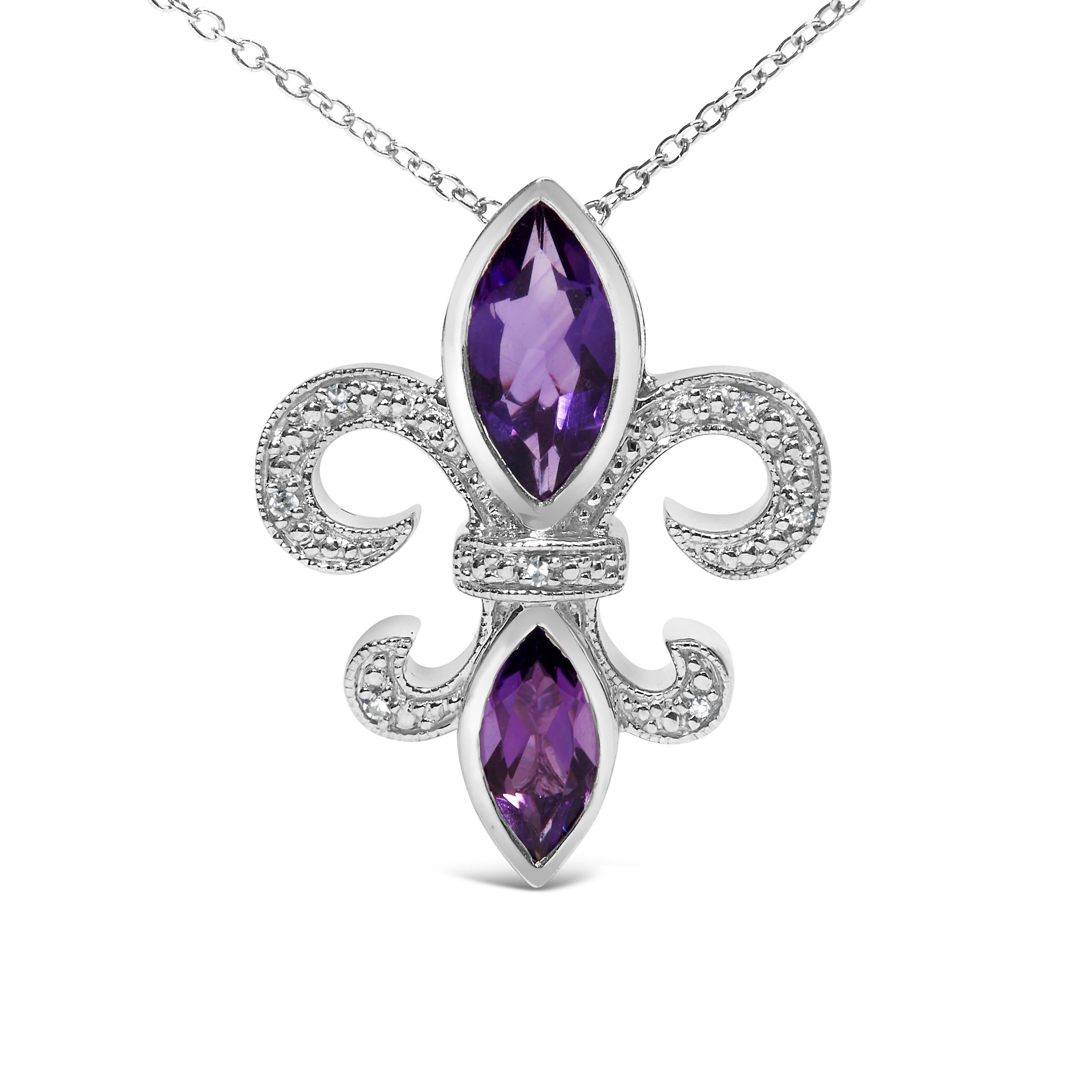 Indulge in the captivating allure of this exquisite pendant necklace. Crafted from .925 sterling silver, it showcases a marquise-shaped purple amethyst gemstone, radiating elegance and charm. Adorned with a delicate fleur de lis design, this