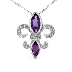 Silver Purple Amethyst Marquise and Diamond Accent Fleur De Lis Pendant Necklace