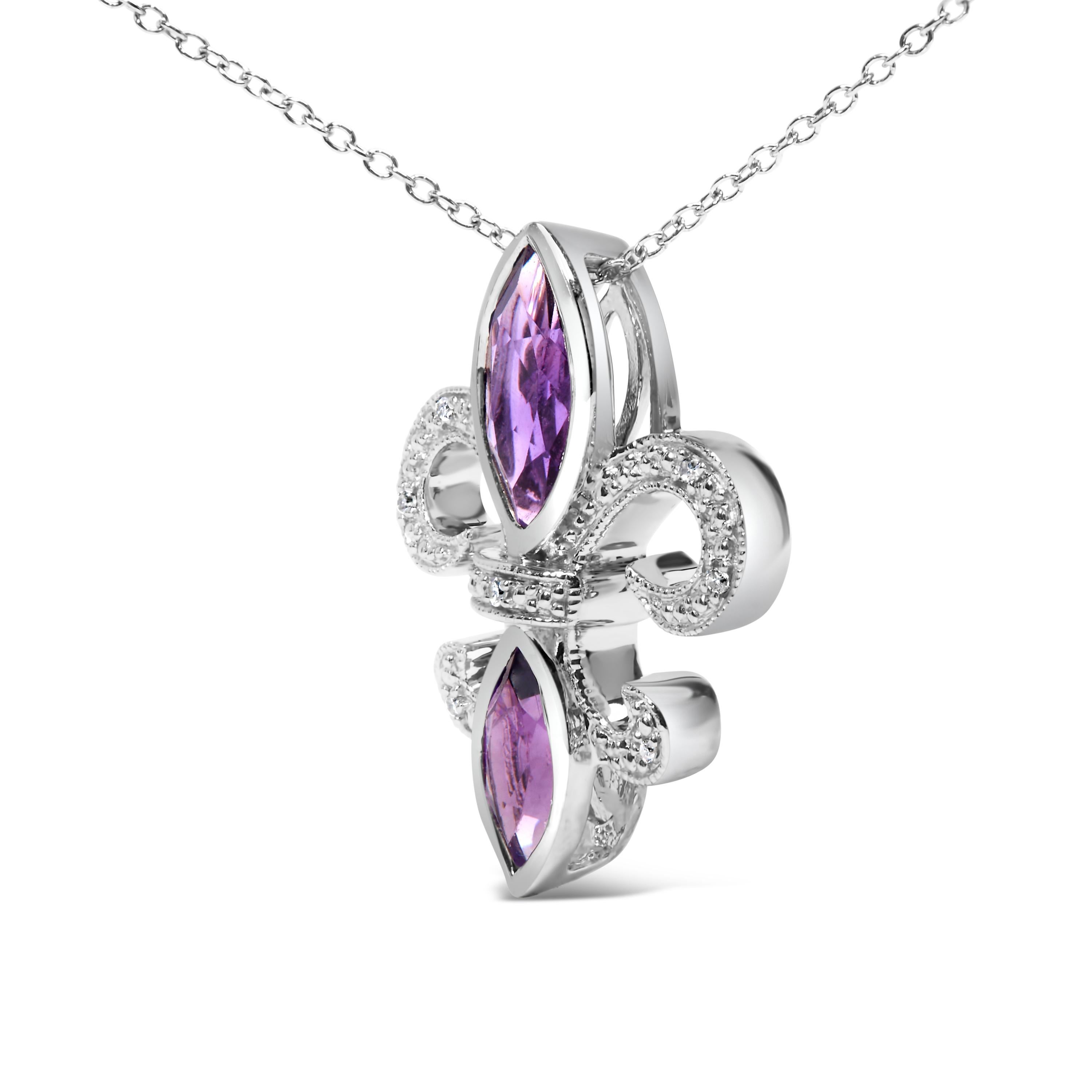 Contemporary Silver Purple Amethyst Marquise and Diamond Accent Fleur De Lis Pendant Necklace For Sale