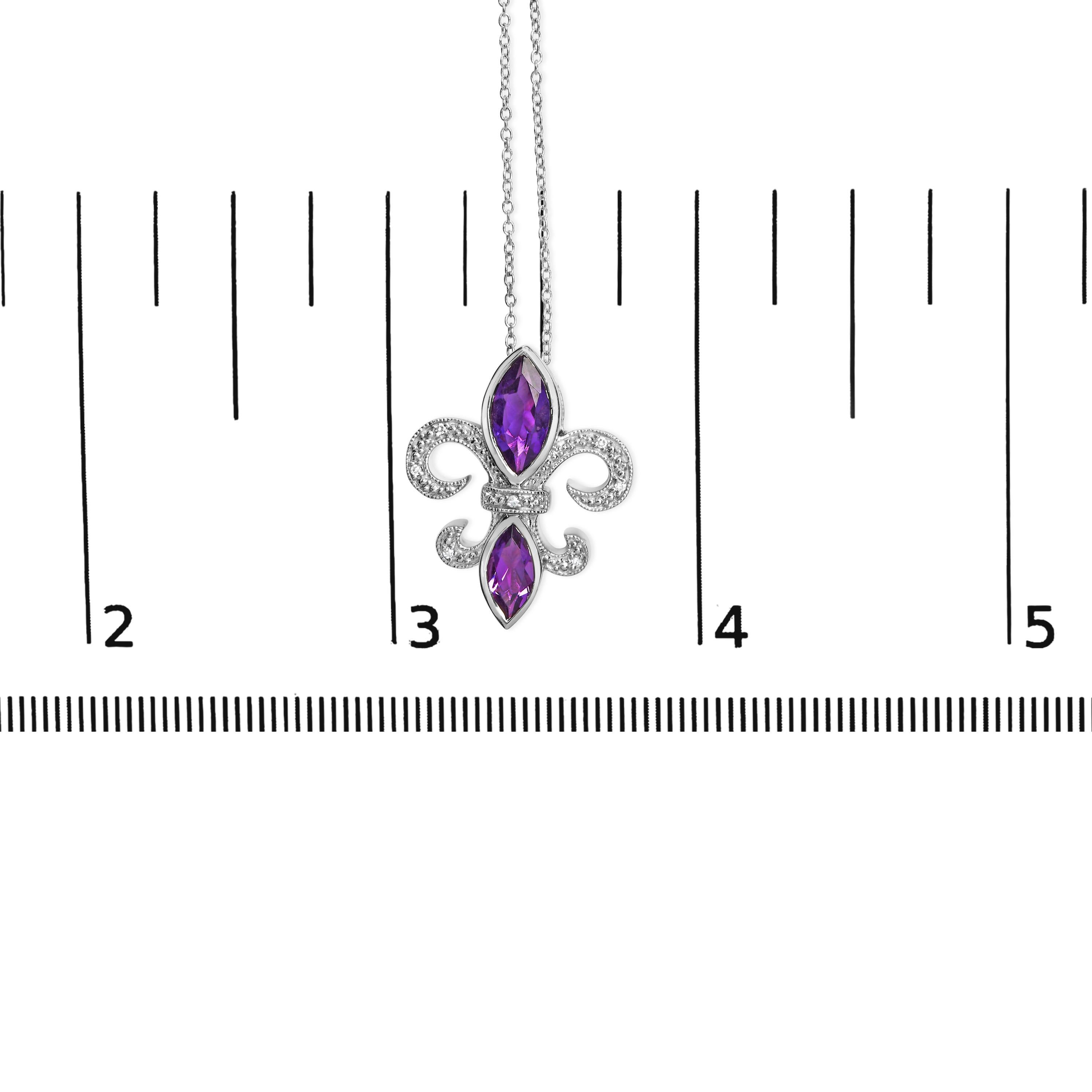Silver Purple Amethyst Marquise and Diamond Accent Fleur De Lis Pendant Necklace In New Condition For Sale In New York, NY