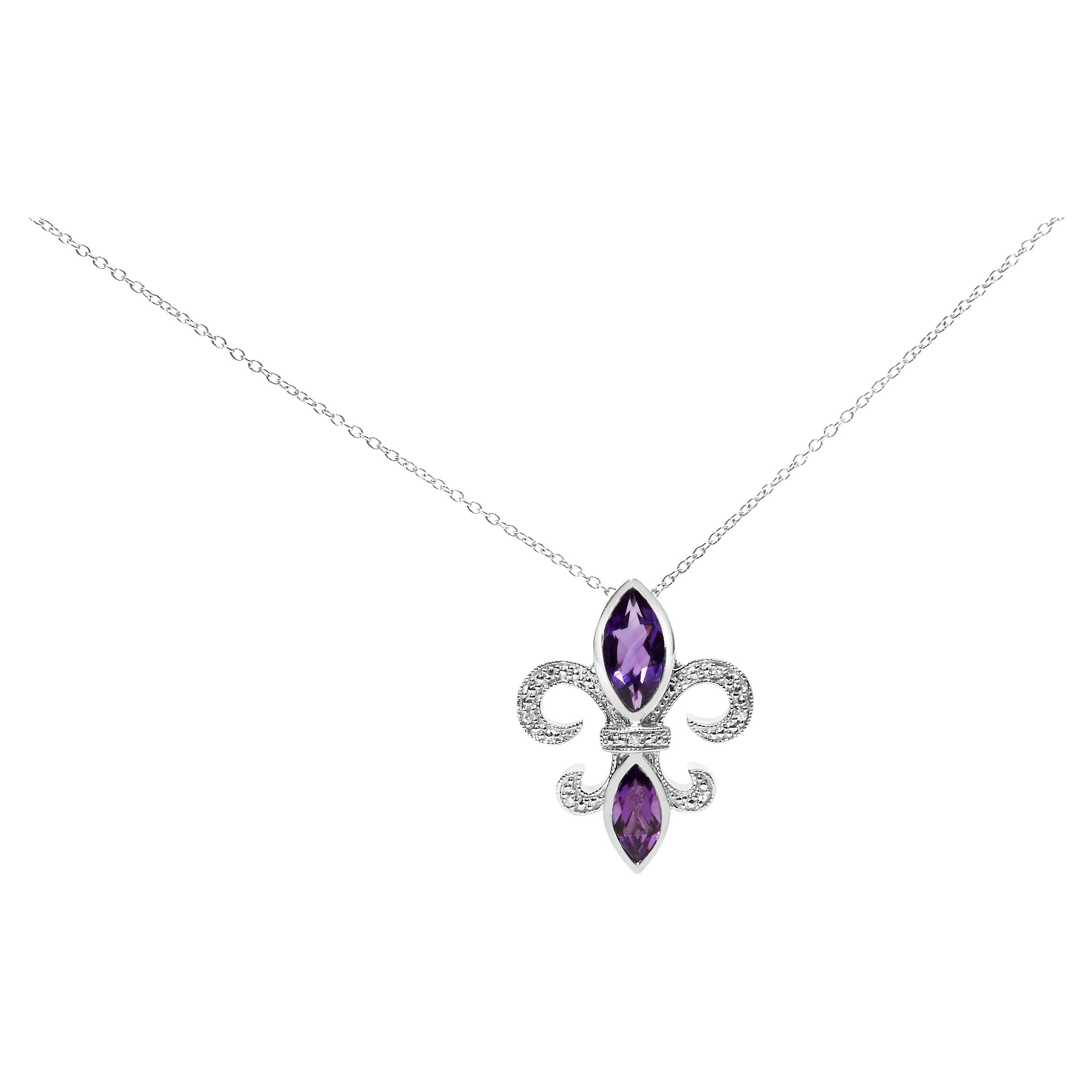 Silver Purple Amethyst Marquise and Diamond Accent Fleur De Lis Pendant Necklace For Sale
