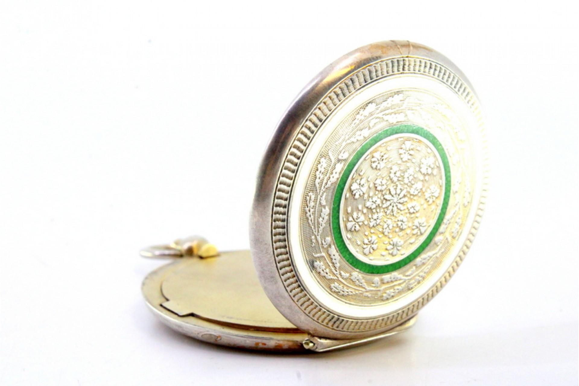 19th Century Silver purse-shaped toiletry boxes with mirror, powder and ring For Sale