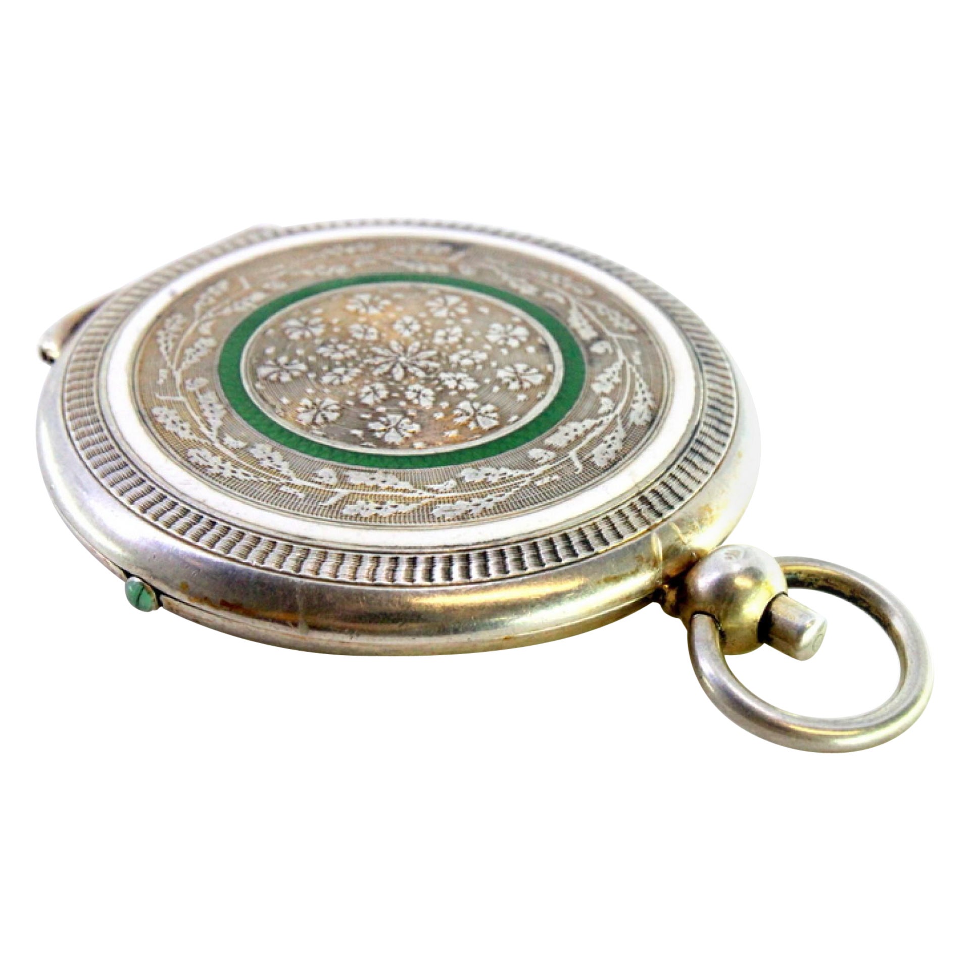 Silver purse-shaped toiletry boxes with mirror, powder and ring